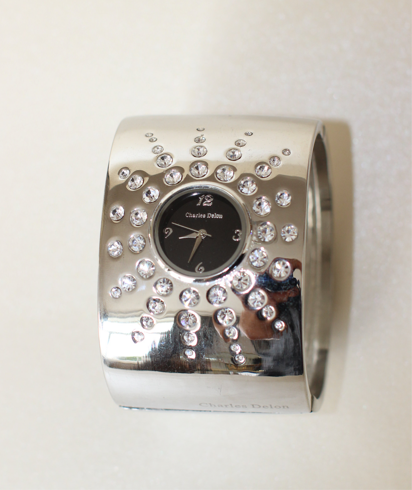 Charles Delon Vintage Statement Bangle Watch – 1990s, Black Dial, Star with Rhinestones,