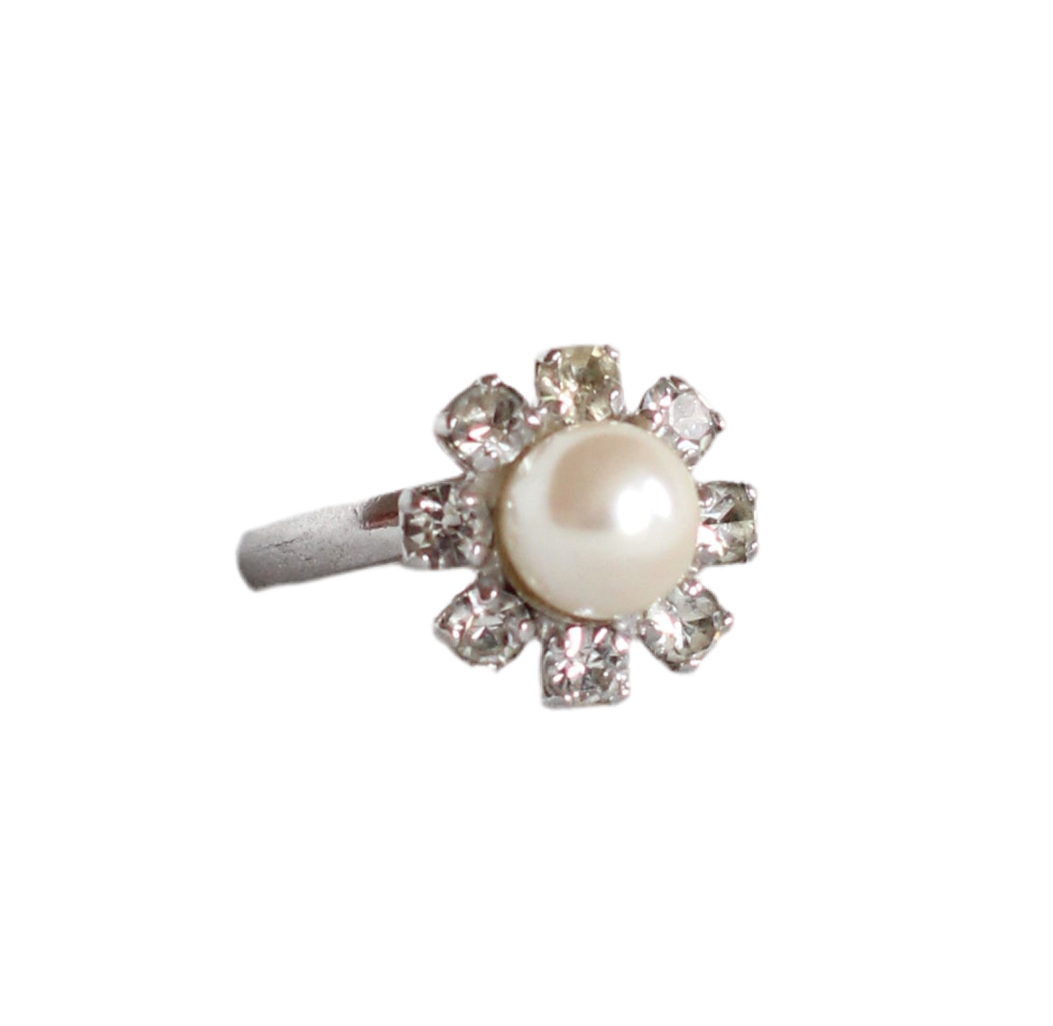 1970s Dior Silver-Tone Metal Ring with Faux Pearls and Rhinestones