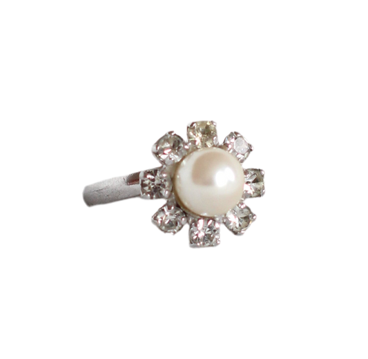 1970s Dior Silver-Tone Metal Ring with Faux Pearls and Rhinestones