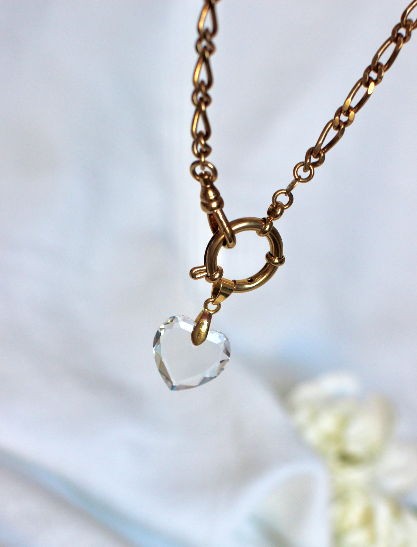 Creation #003 Vintage Gold Plated Pocket Watch Chain with Limpid Crystal Heart Pendant
