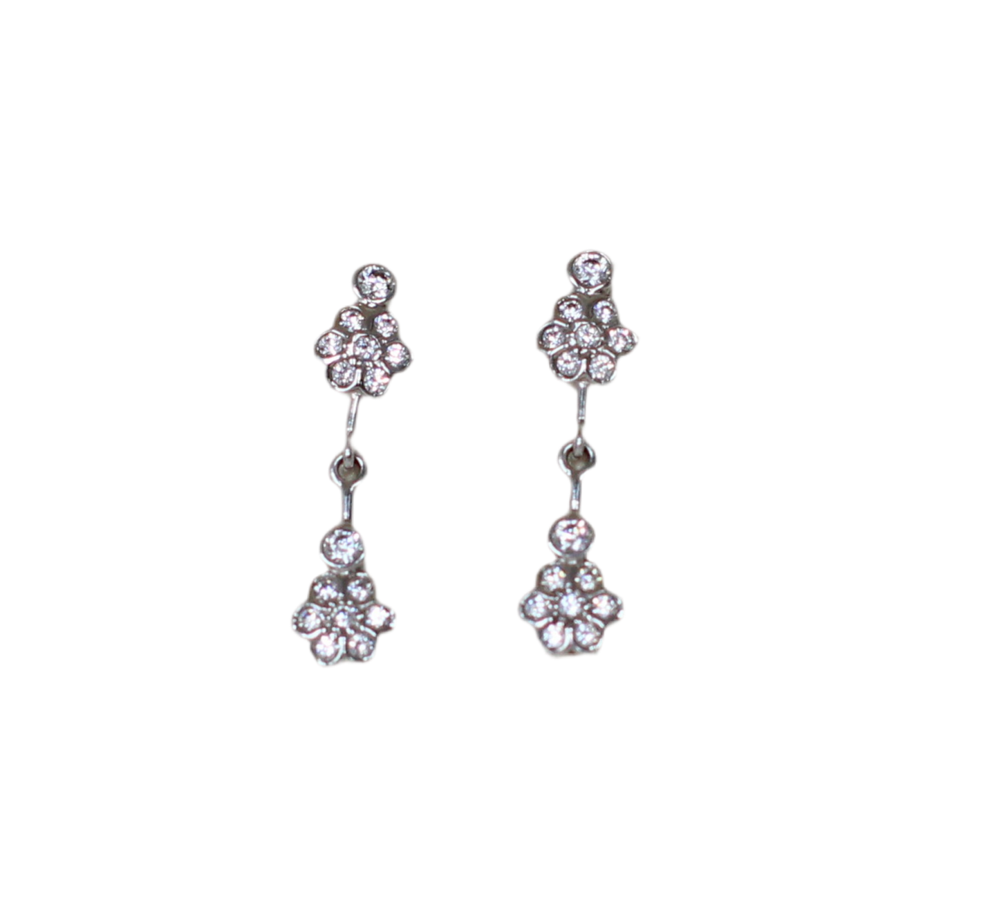 18K White Gold Articulated Floral Earrings – Natural Cubic Zirconia – 1990s