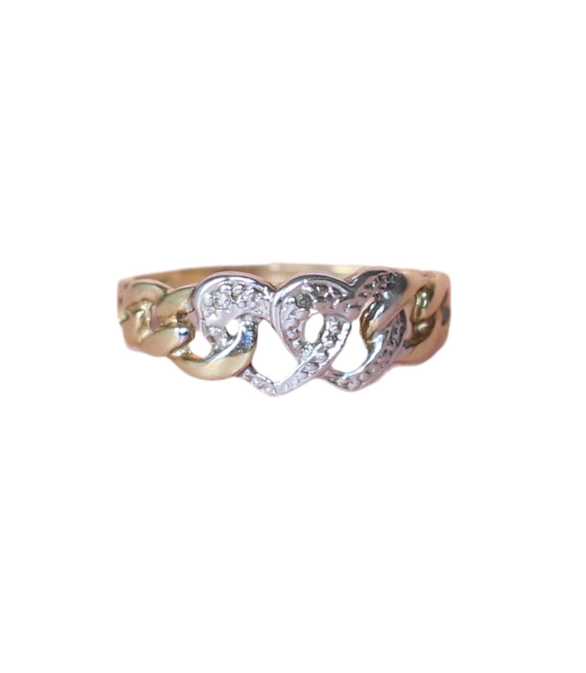 Vintage Intertwined Double Heart Chain-Link Ring in 9K Two-Tone Gold with Diamond