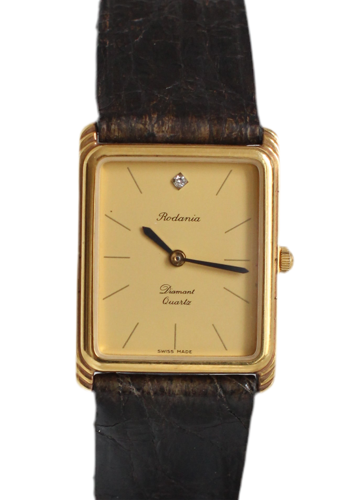 Rodania 1980s Large Tank Watch – Gold Dial with Diamond & Black Crocodile Strap