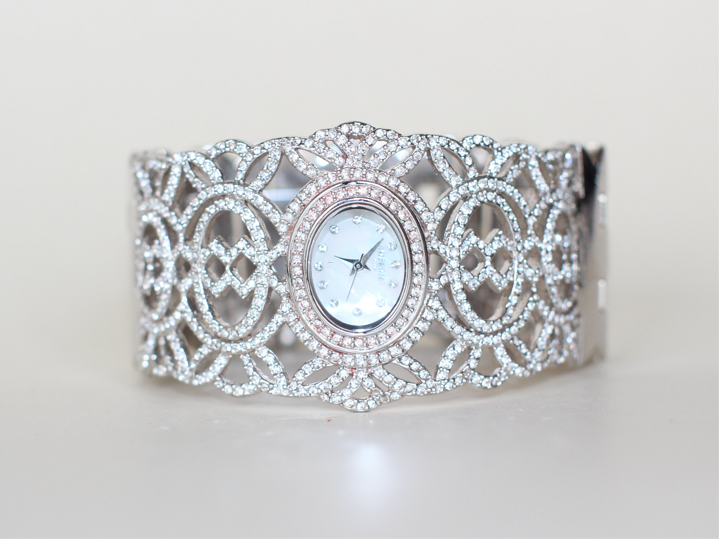 Ambrosio Paris Oriental-Inspired Jewelry Watch – Fully Set with Rhinestones, Mother-of-Pearl Dial