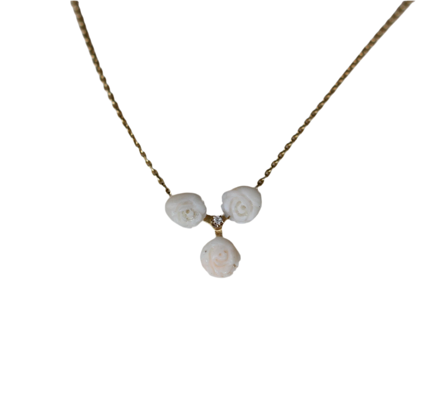 18K Yellow Gold Necklace with Natural Coral Roses and Central Diamond