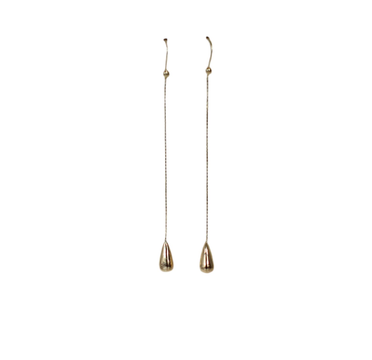 18K Solid Yellow Gold Drop Earrings – Sculptural Water Droplets on Chain – 1990s