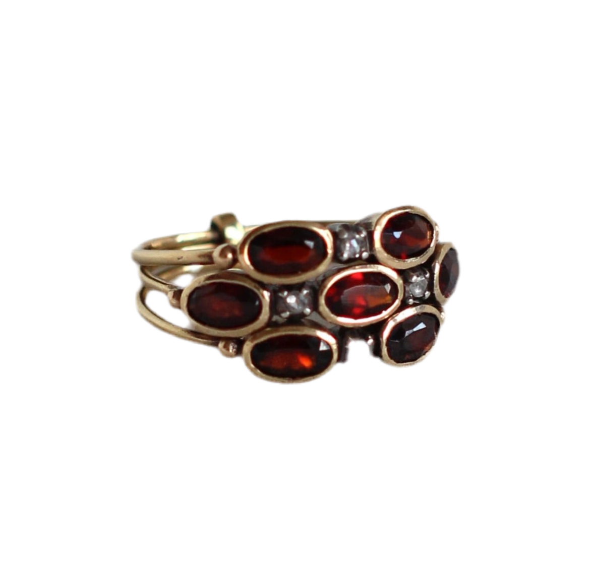 Mystical "Harem" Ring in 19 Carats Gold, Diamonds, and Fire Garnets