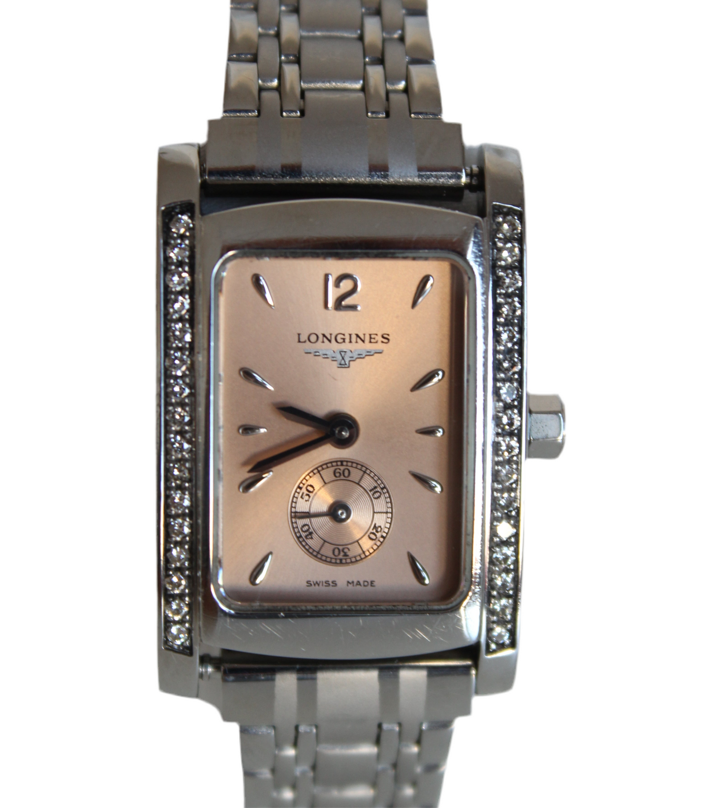 Longines "Dolce Vita" Diamond-Encrusted Watch – Quartz with Salmon Dial