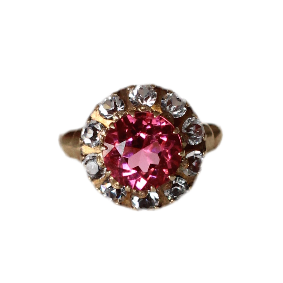 Vintage 1960s 10k Gold Pink Tourmaline and White Sapphire "Flower" Ring