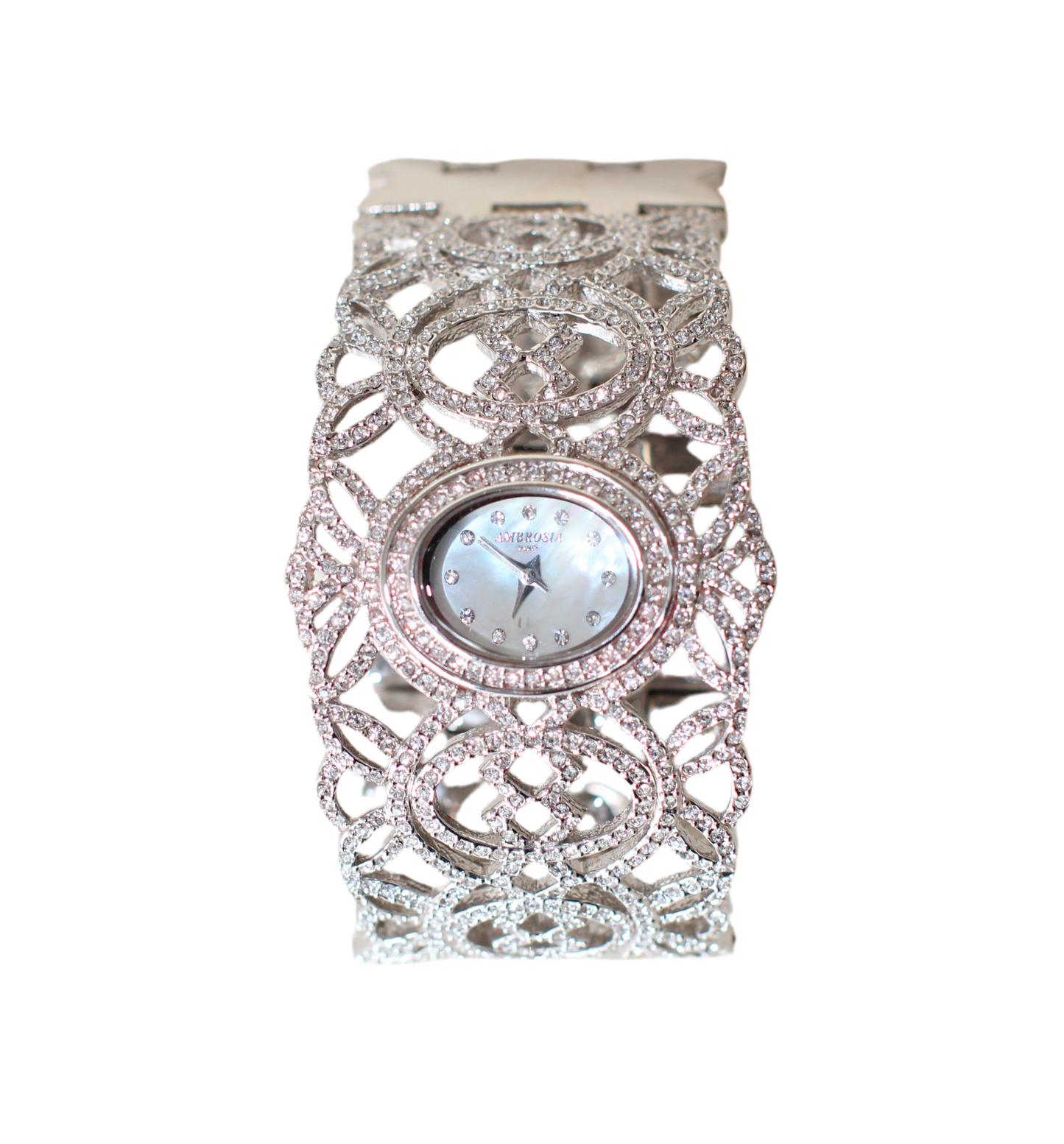 Ambrosio Paris Oriental-Inspired Jewelry Watch – Fully Set with Rhinestones, Mother-of-Pearl Dial