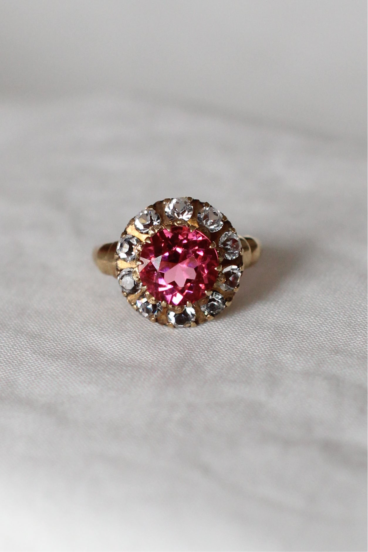 Vintage 1960s 10k Gold Pink Tourmaline and White Sapphire "Flower" Ring