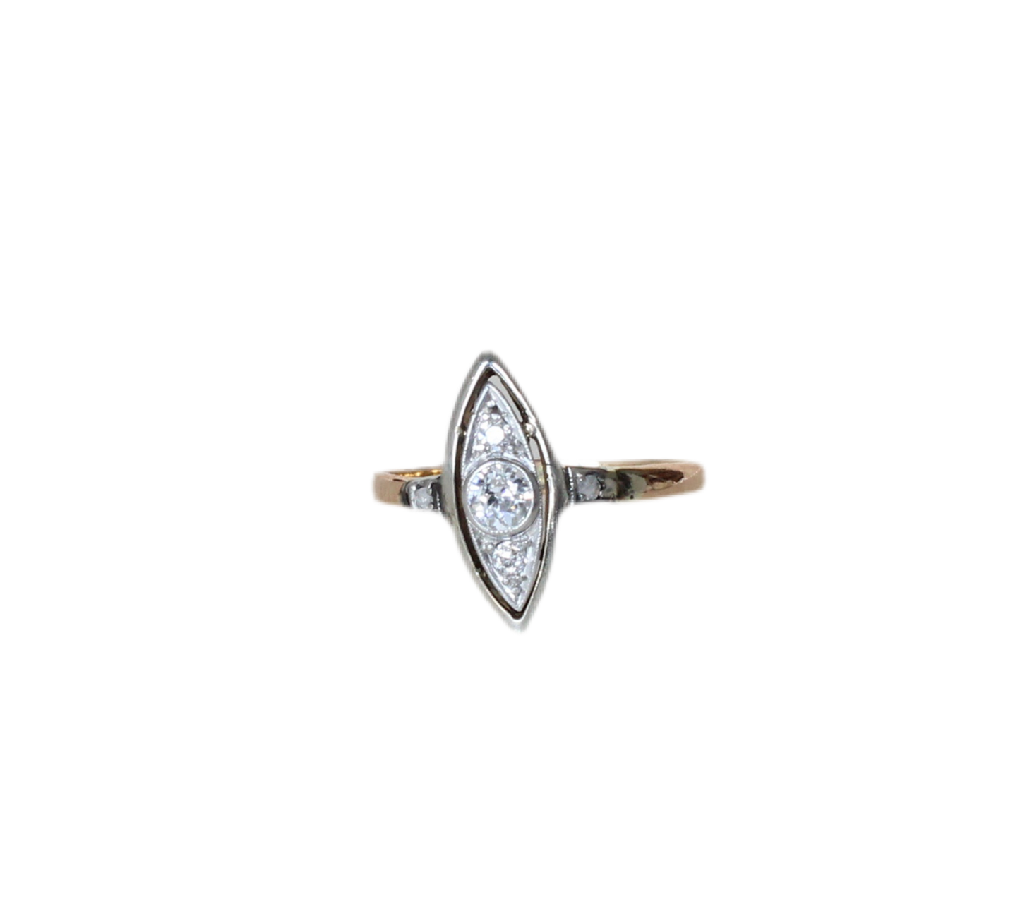1920s "Eye" or Marquise-Shaped Ring – Rose, Yellow & White 18k Gold – Old Cut Diamond Center (approx. 0.25ct)