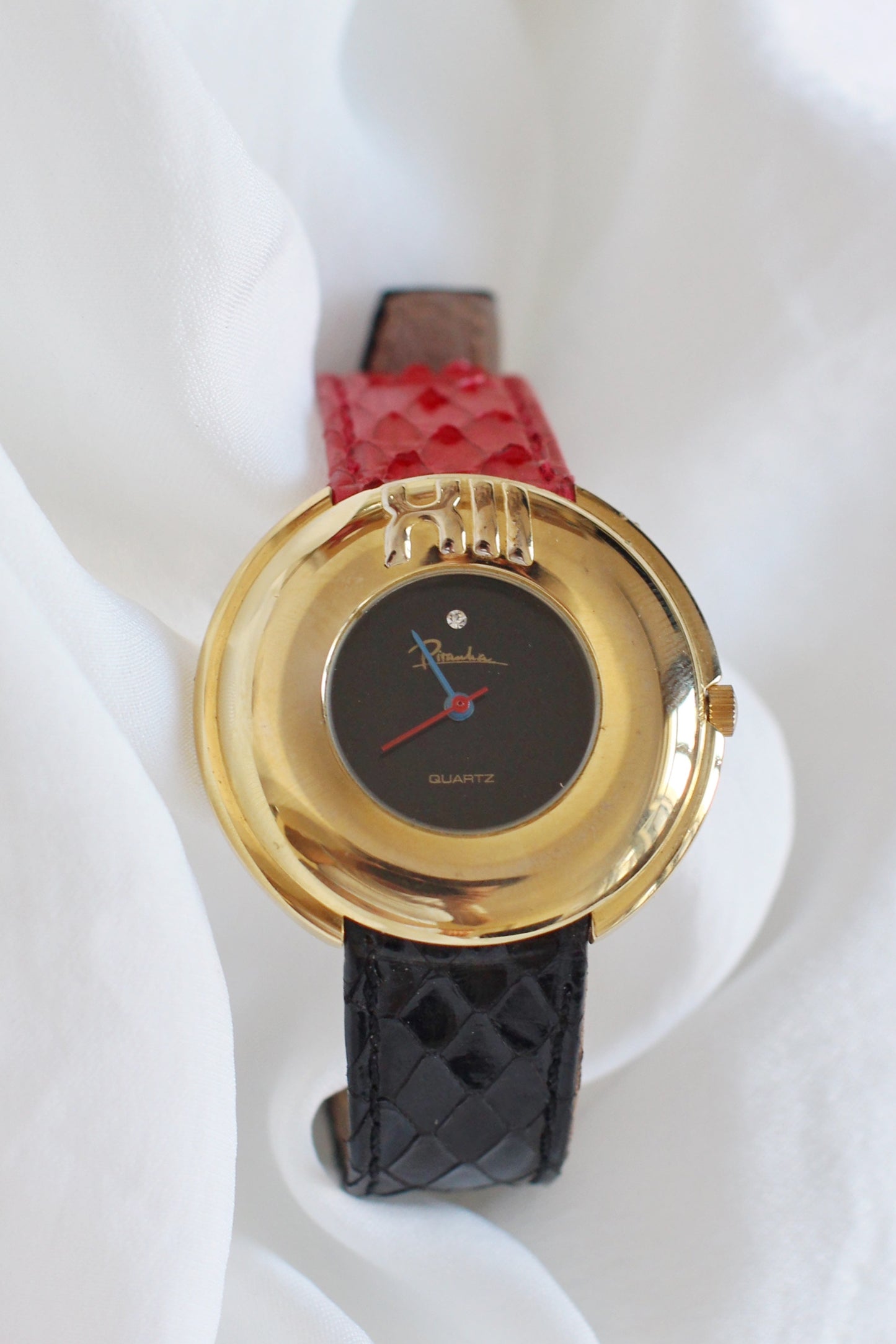 Vintage 1980s Piranha Watch with Two-Tone Python-Effect Leather Strap