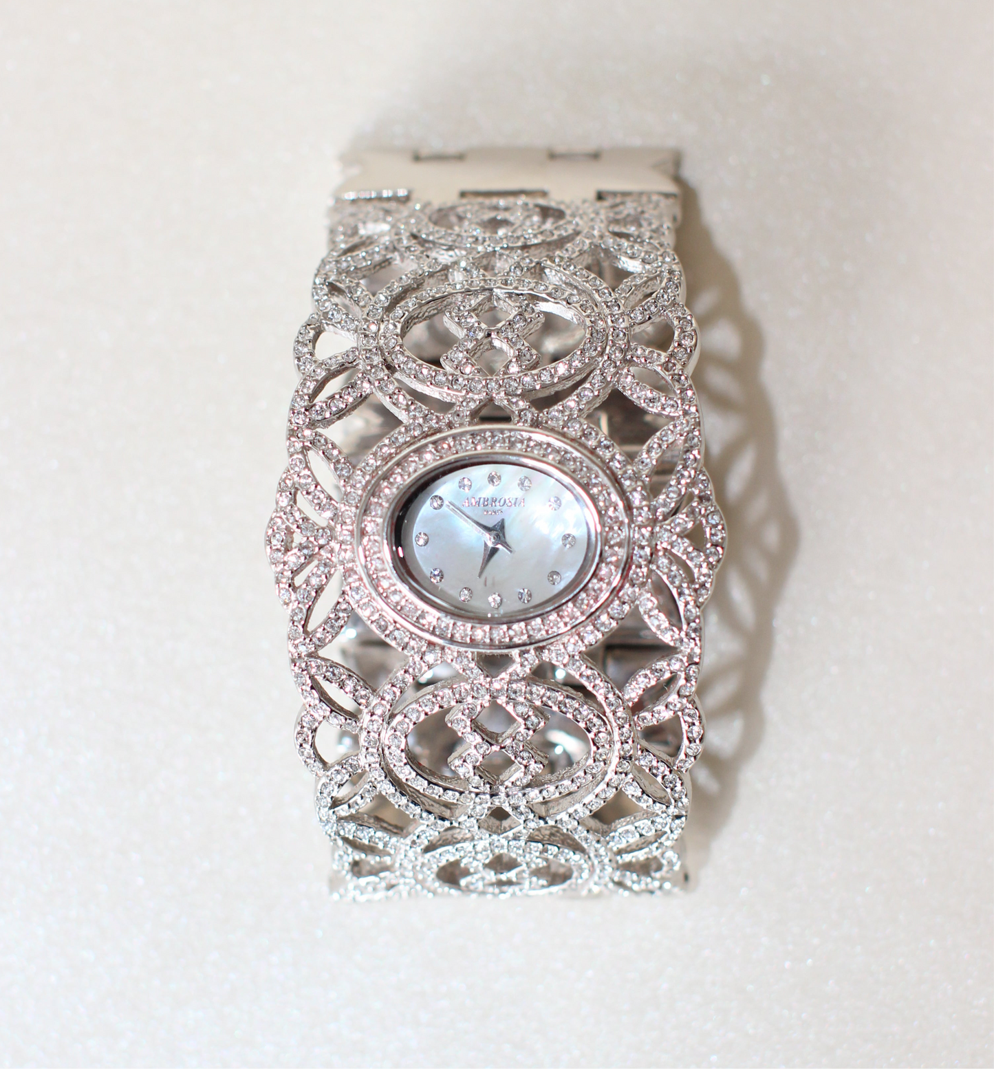 Ambrosio Paris Oriental-Inspired Jewelry Watch – Fully Set with Rhinestones, Mother-of-Pearl Dial