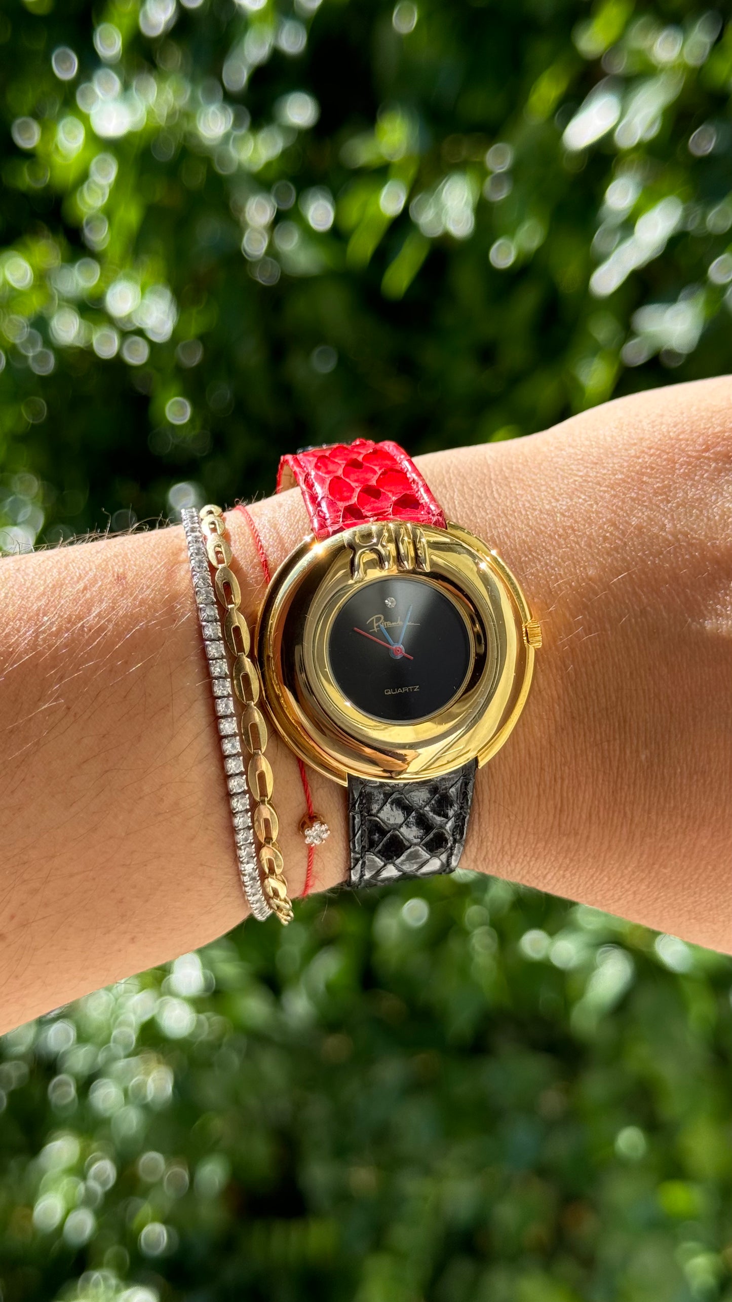 Vintage 1980s Piranha Watch with Two-Tone Python-Effect Leather Strap