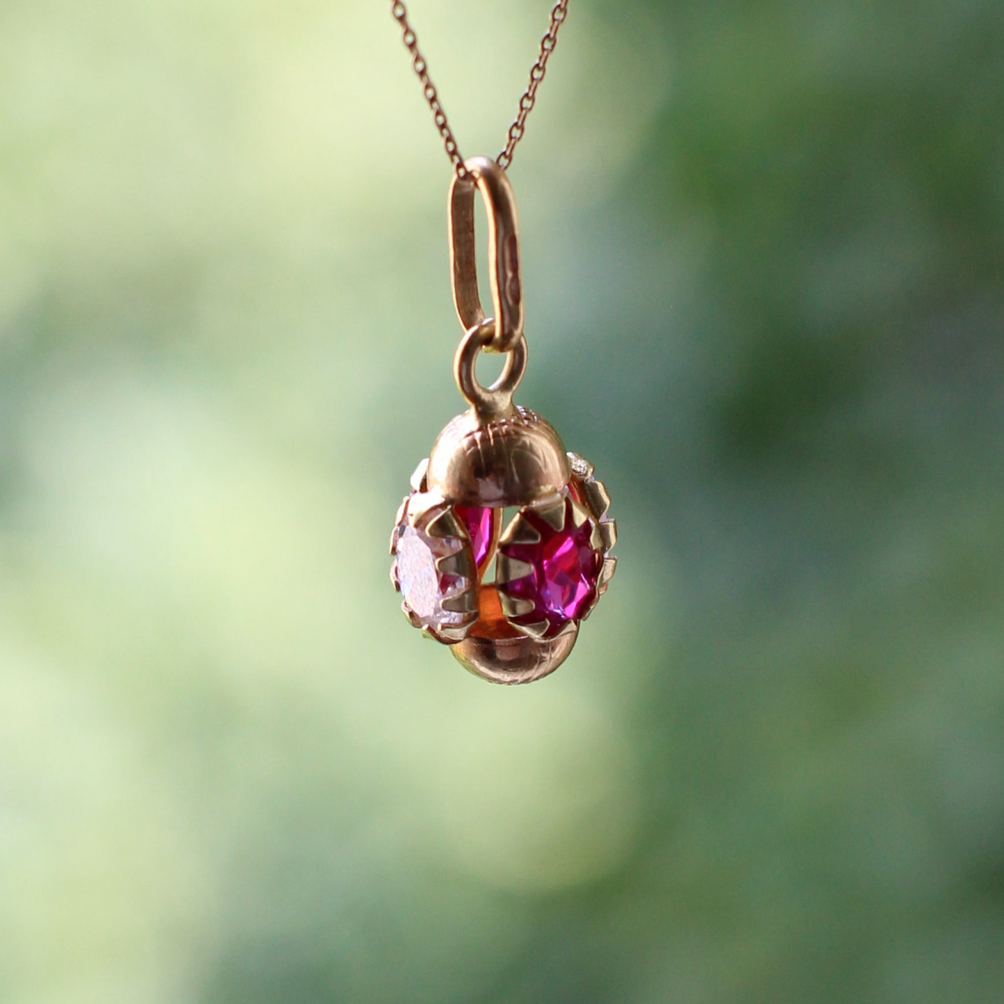 Vintage Rare 1960s 18k Gold Pendant with White and Raspberry Red Zircons