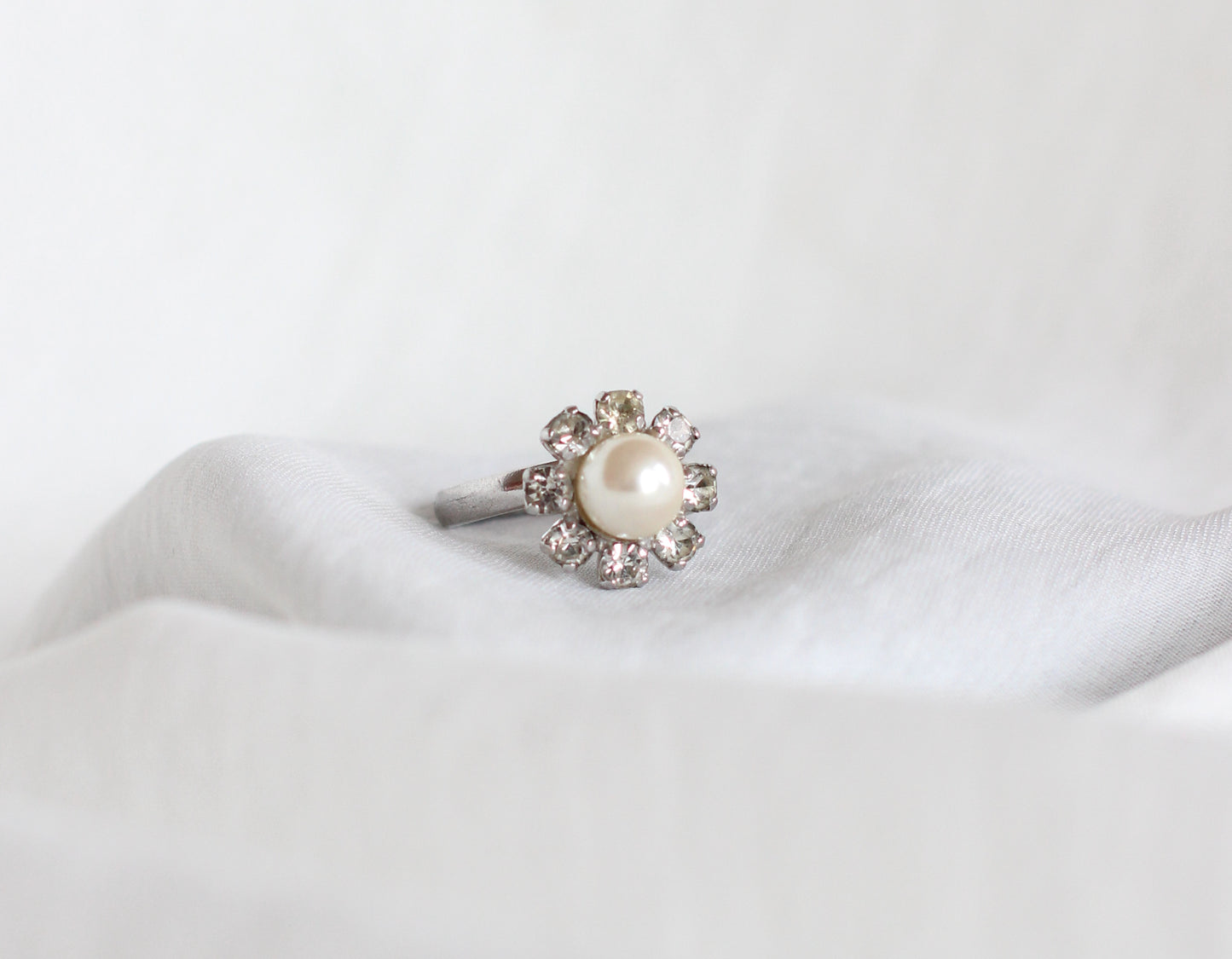 1970s Dior Silver-Tone Metal Ring with Faux Pearls and Rhinestones