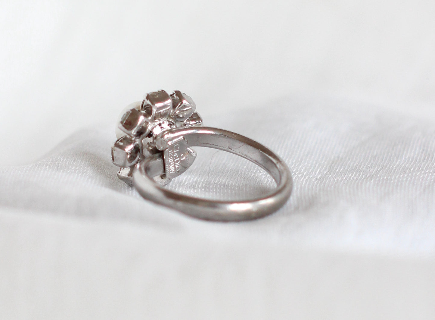 1970s Dior Silver-Tone Metal Ring with Faux Pearls and Rhinestones