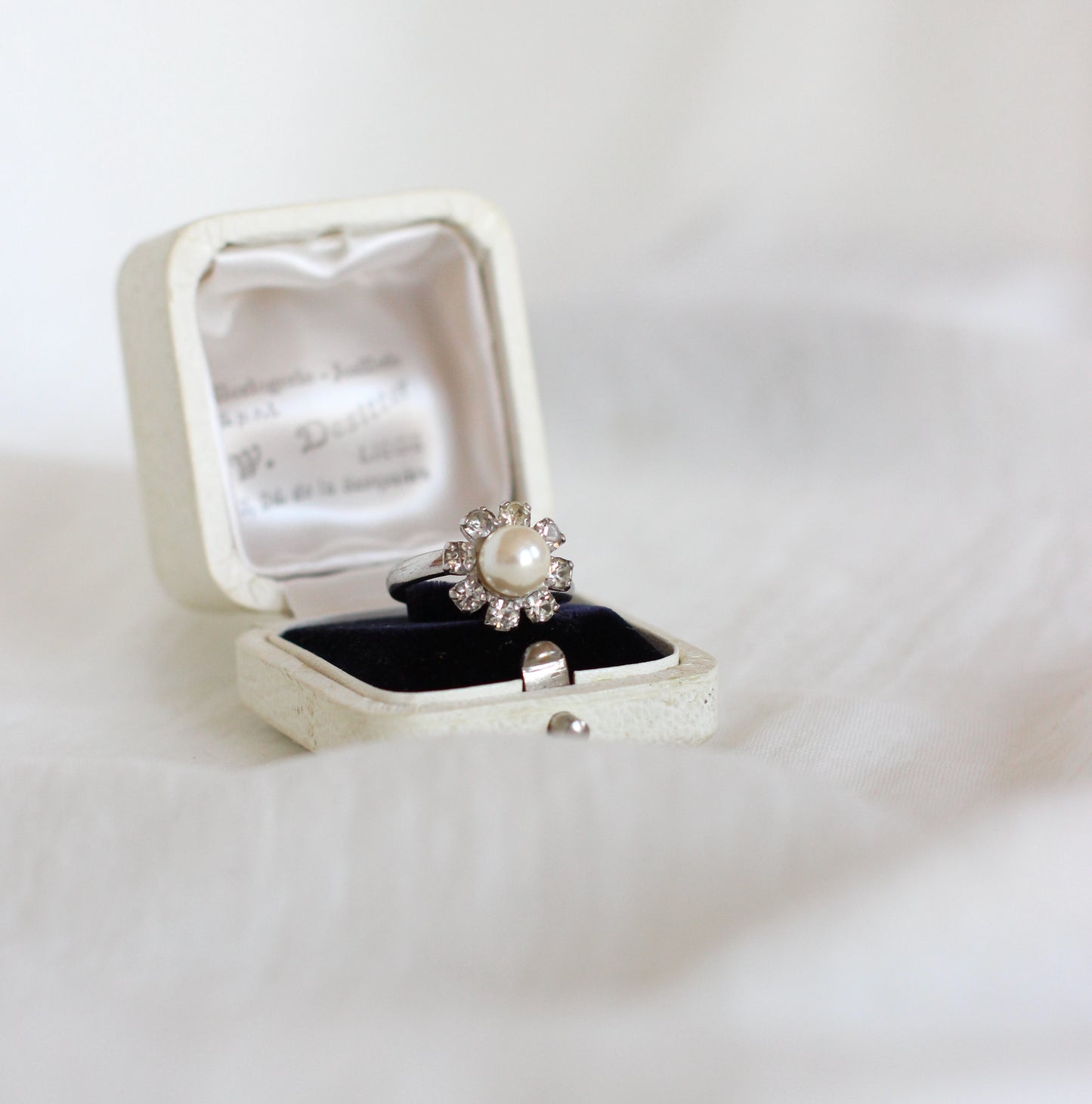 1970s Dior Silver-Tone Metal Ring with Faux Pearls and Rhinestones