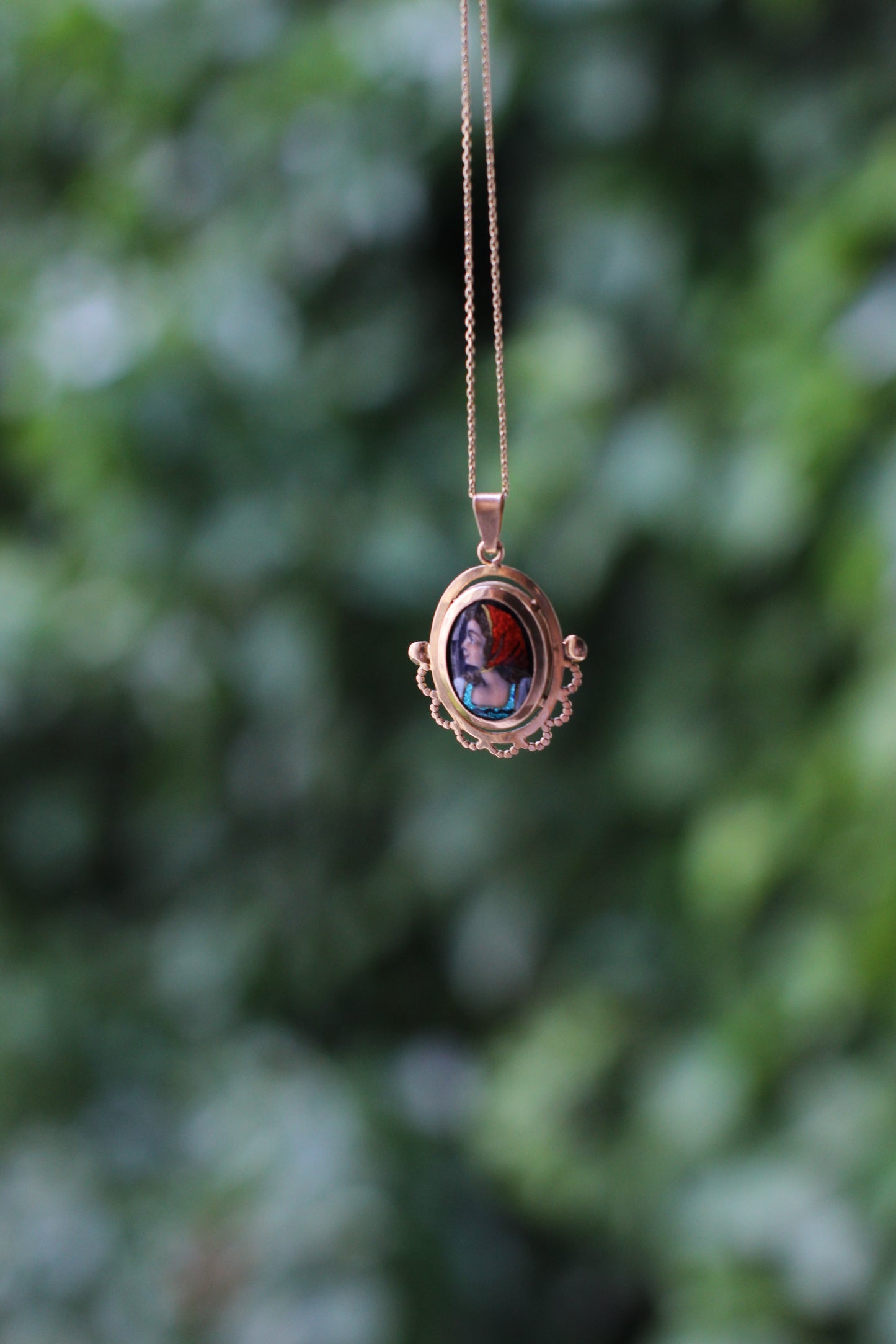 Rare 18k Gold Pendant with Hand-Painted Enamel by S. Leperon