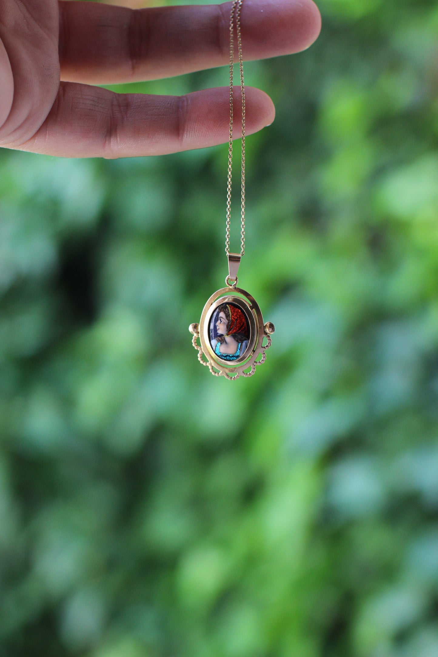 Rare 18k Gold Pendant with Hand-Painted Enamel by S. Leperon