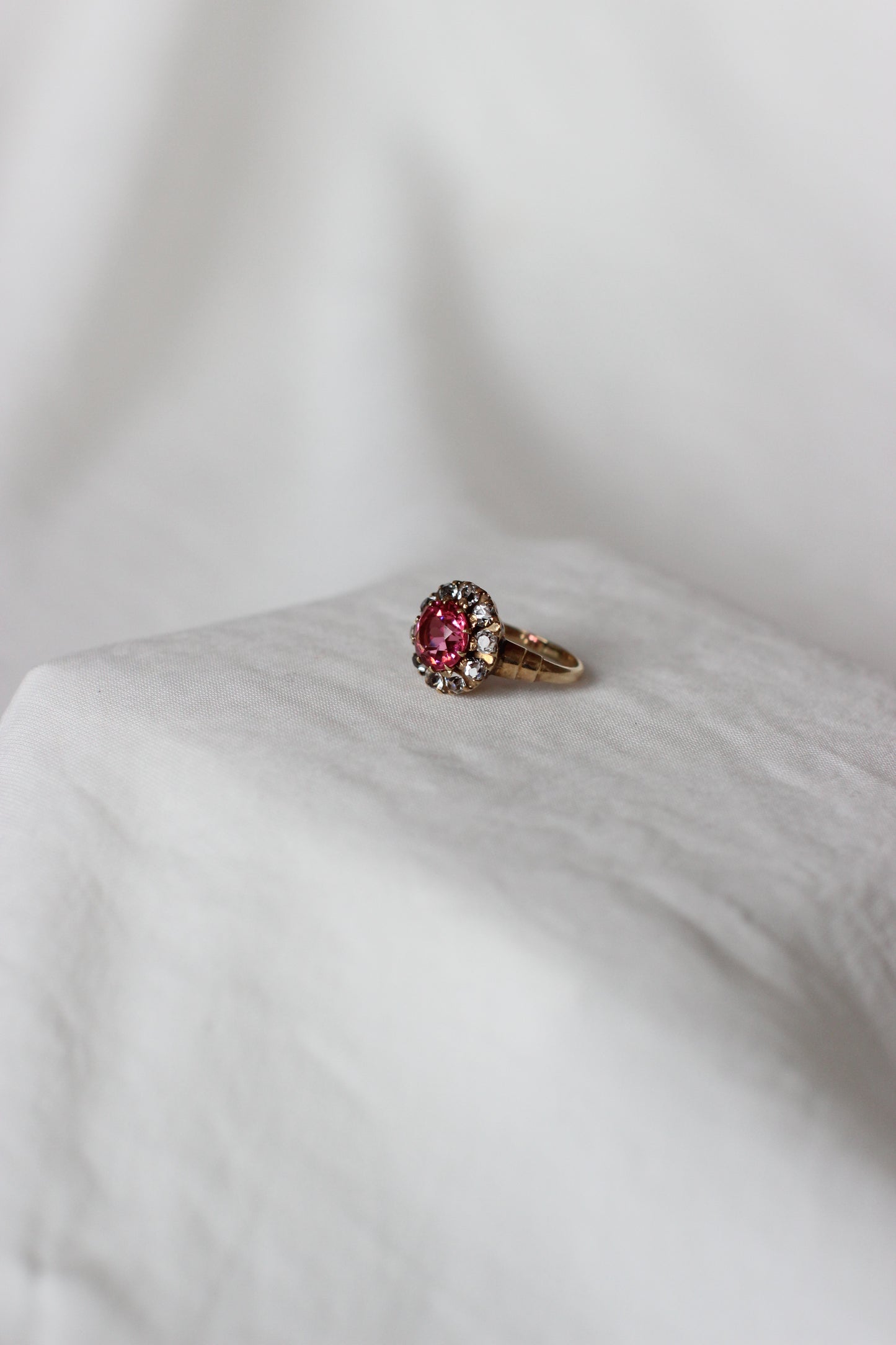 Vintage 1960s 10k Gold Pink Tourmaline and White Sapphire "Flower" Ring