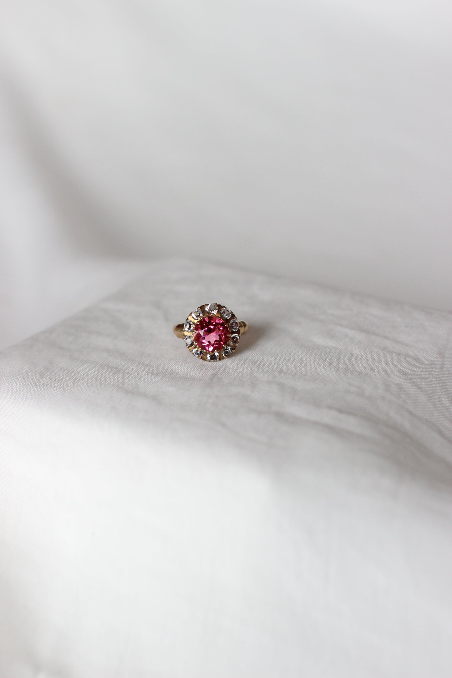 Vintage 1960s 10k Gold Pink Tourmaline and White Sapphire "Flower" Ring