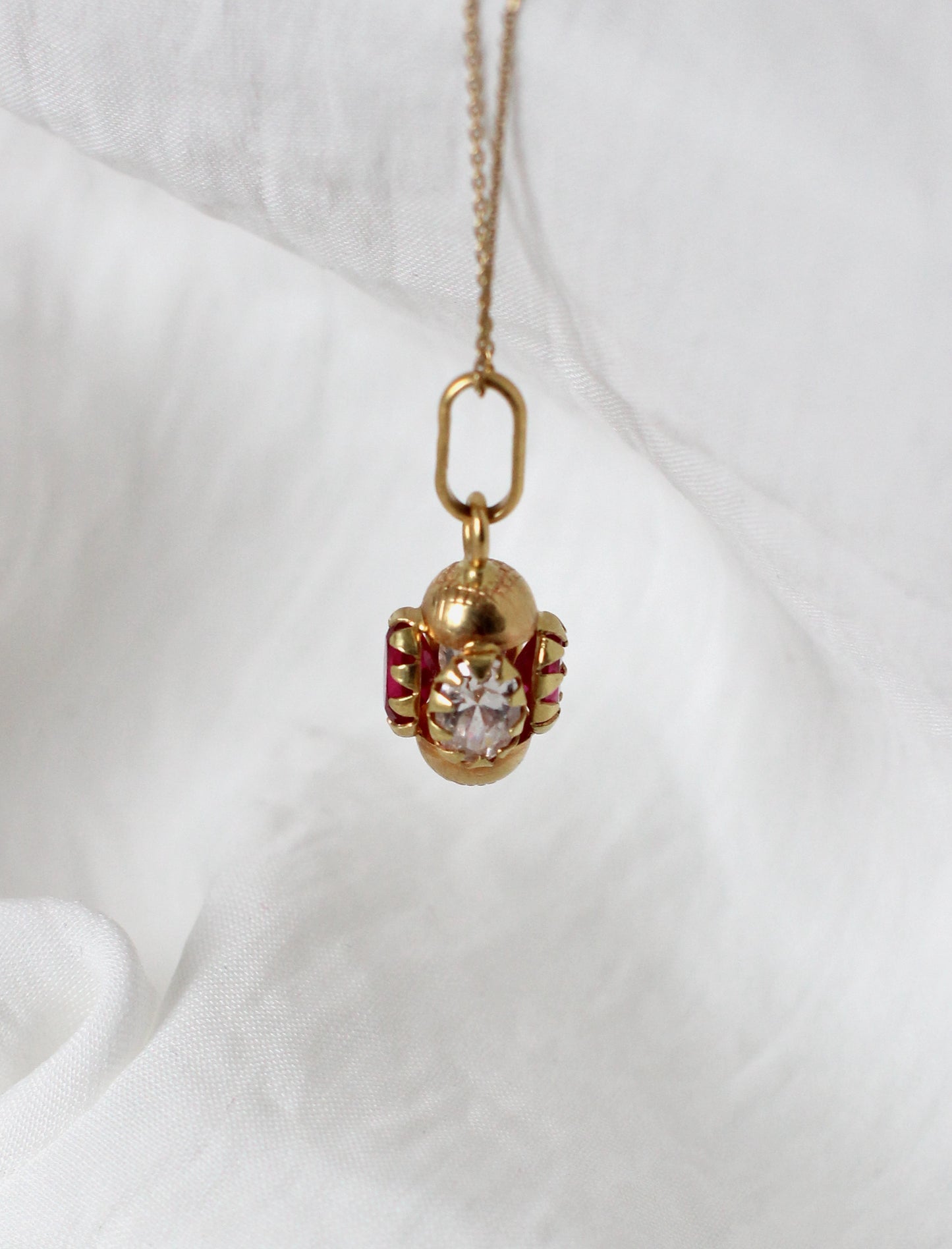 Vintage Rare 1960s 18k Gold Pendant with White and Raspberry Red Zircons