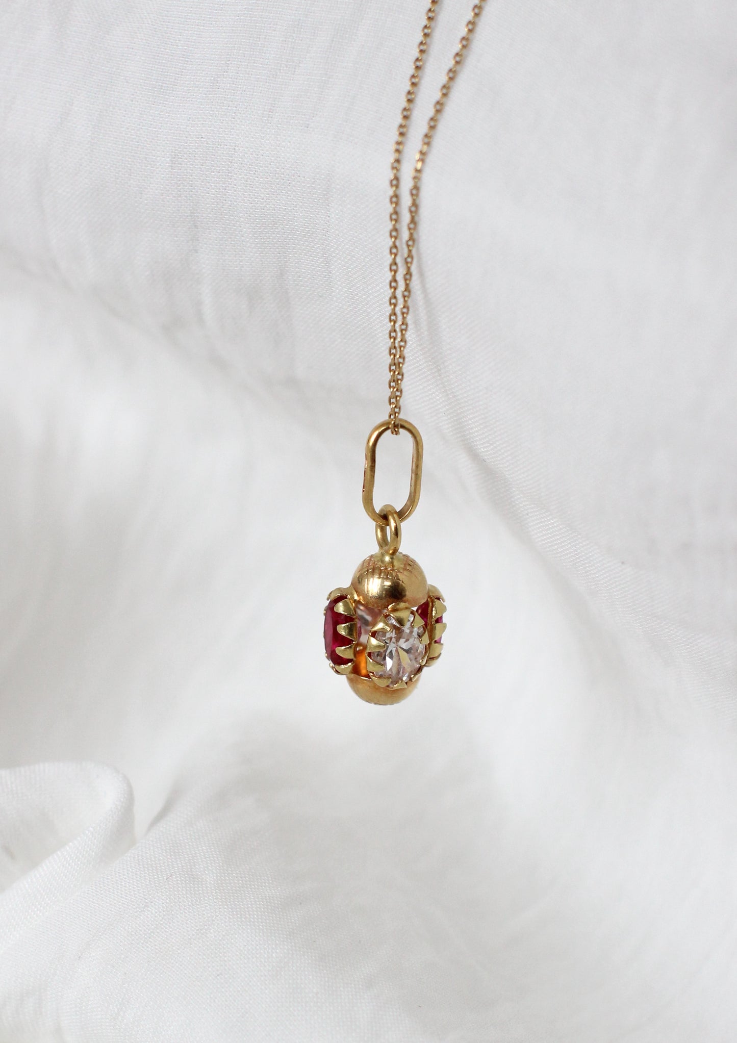 Vintage Rare 1960s 18k Gold Pendant with White and Raspberry Red Zircons