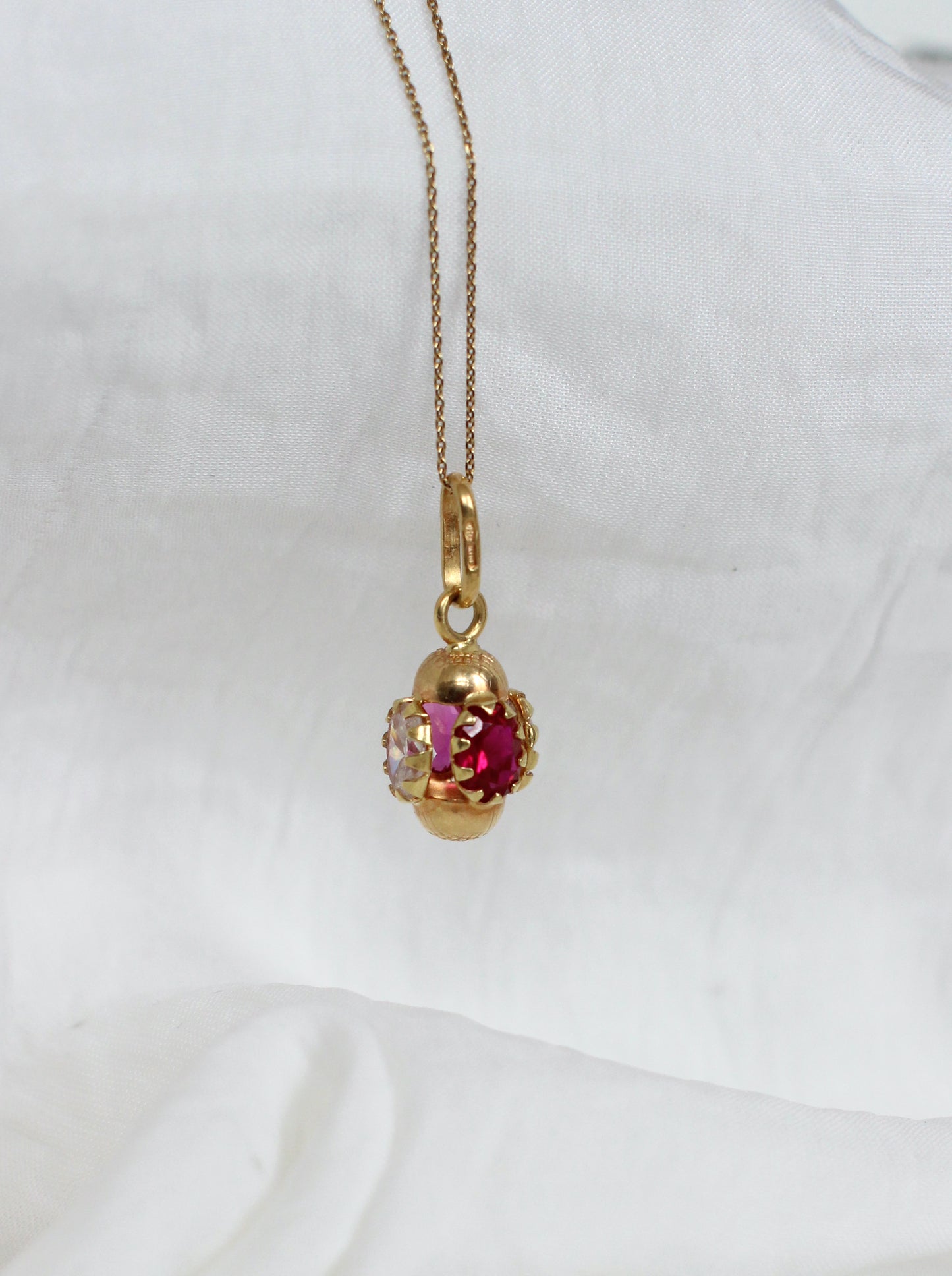 Vintage Rare 1960s 18k Gold Pendant with White and Raspberry Red Zircons