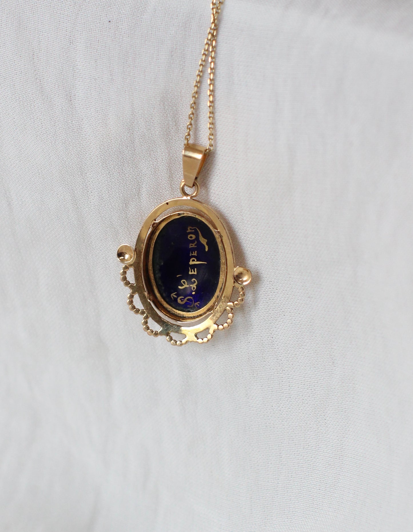 Rare 18k Gold Pendant with Hand-Painted Enamel by S. Leperon