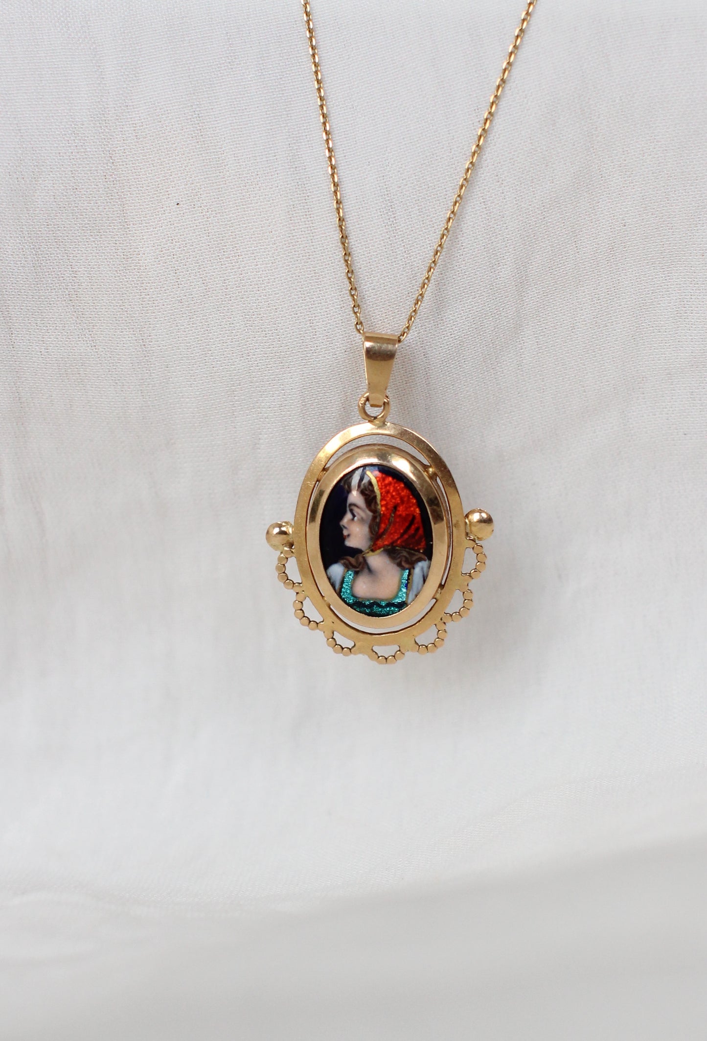 Rare 18k Gold Pendant with Hand-Painted Enamel by S. Leperon