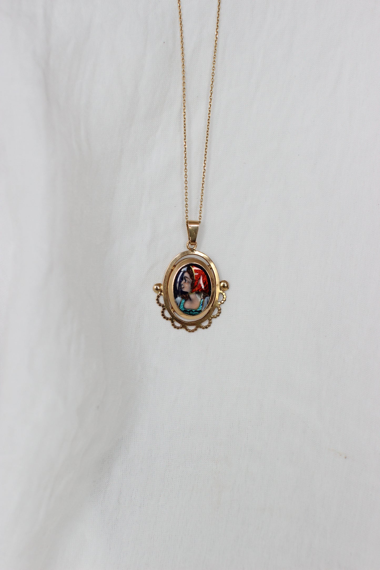 Rare 18k Gold Pendant with Hand-Painted Enamel by S. Leperon