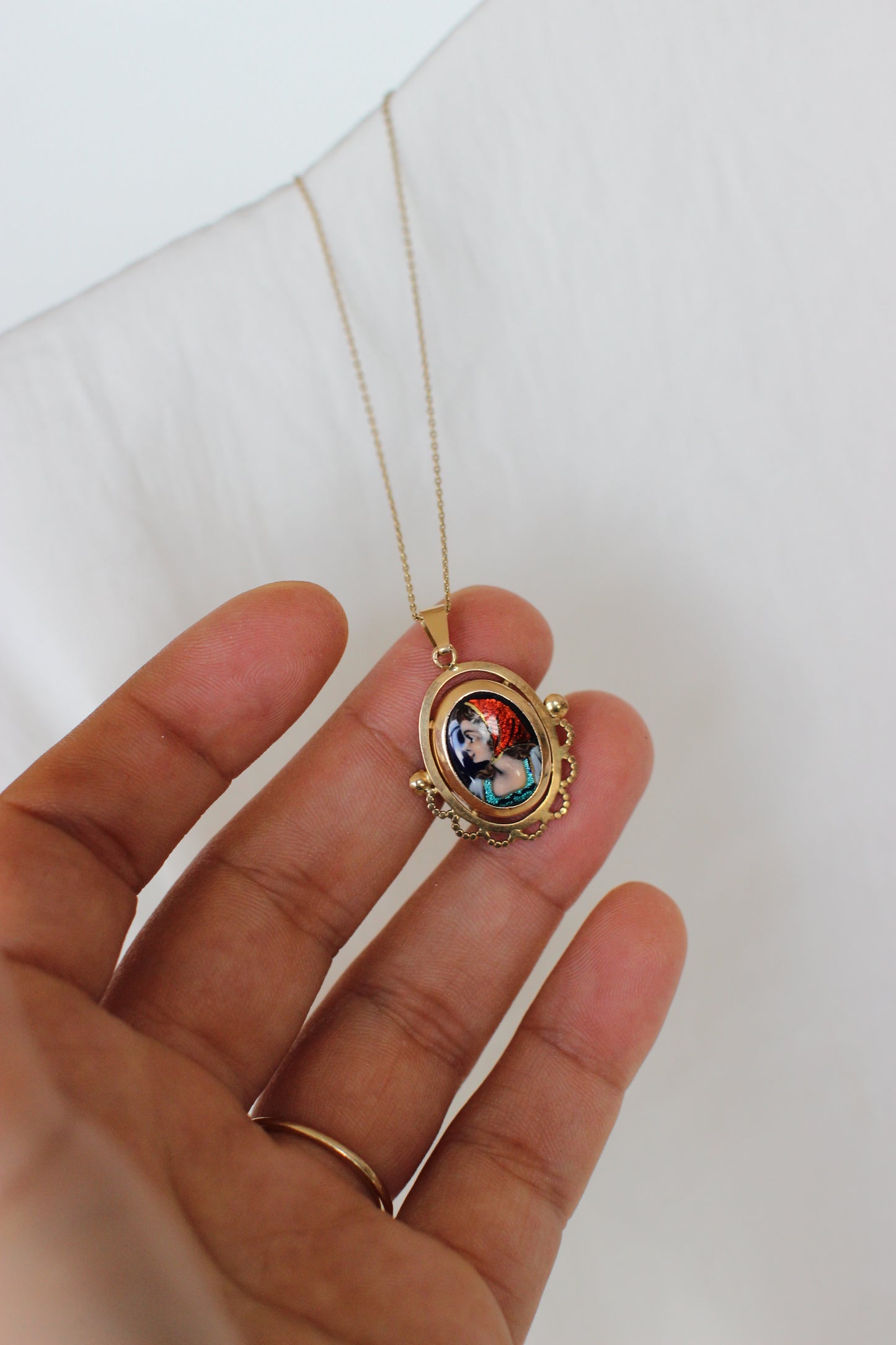 Rare 18k Gold Pendant with Hand-Painted Enamel by S. Leperon