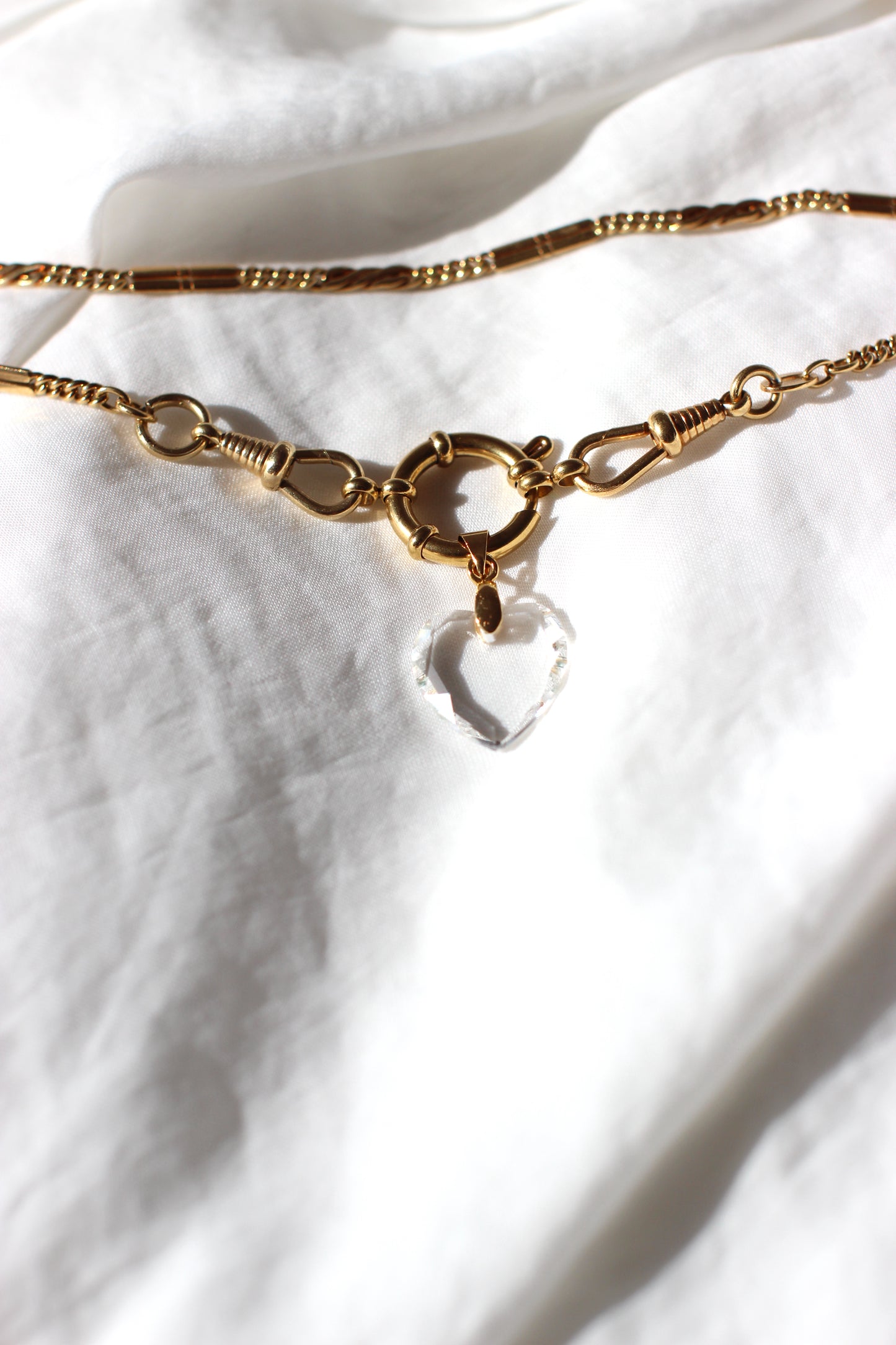 Creation #002 Vintage Gold Plated Pocket Watch Chain with Limpid Crystal Heart Pendant