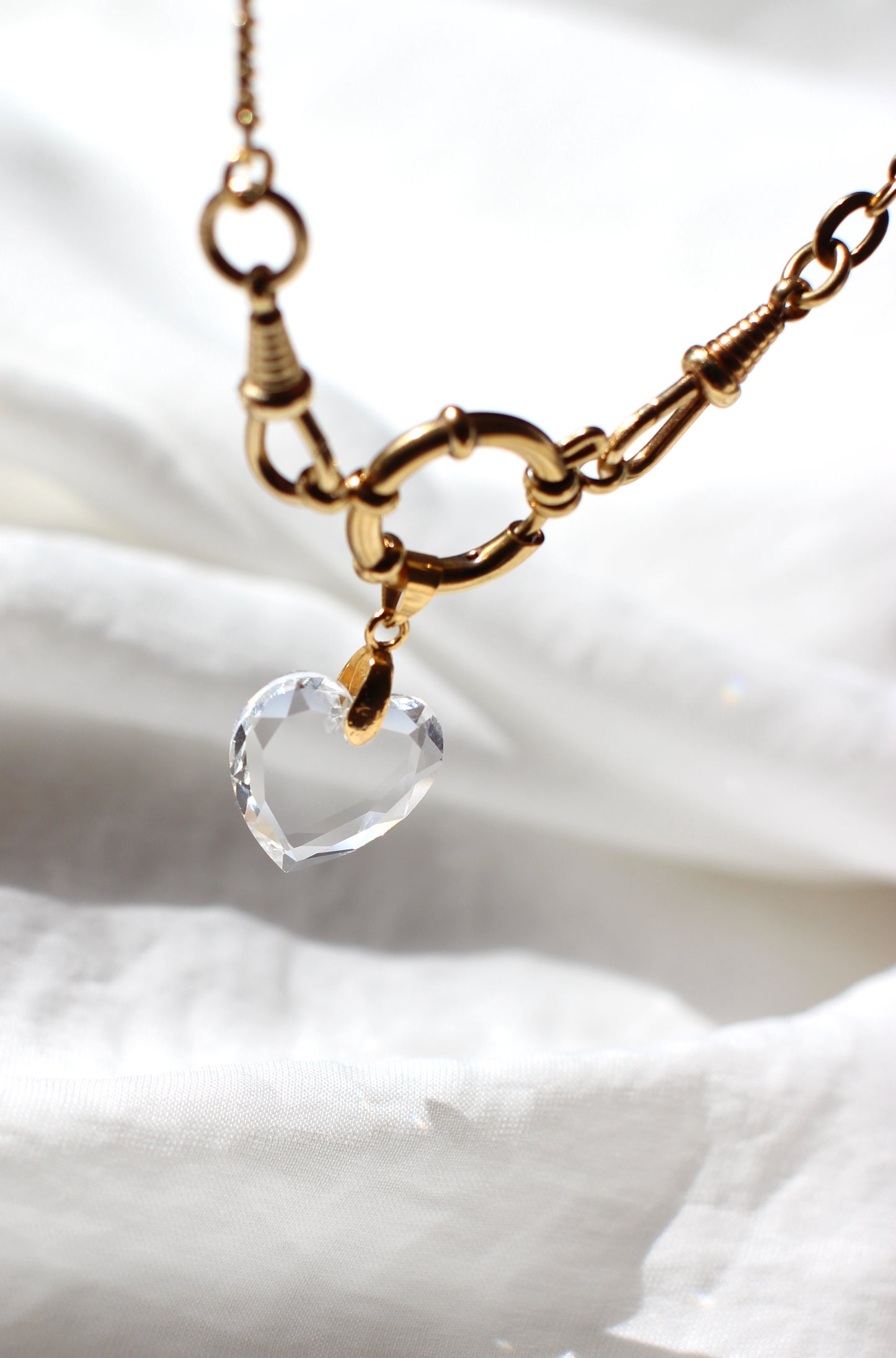 Creation #002 Vintage Gold Plated Pocket Watch Chain with Limpid Crystal Heart Pendant