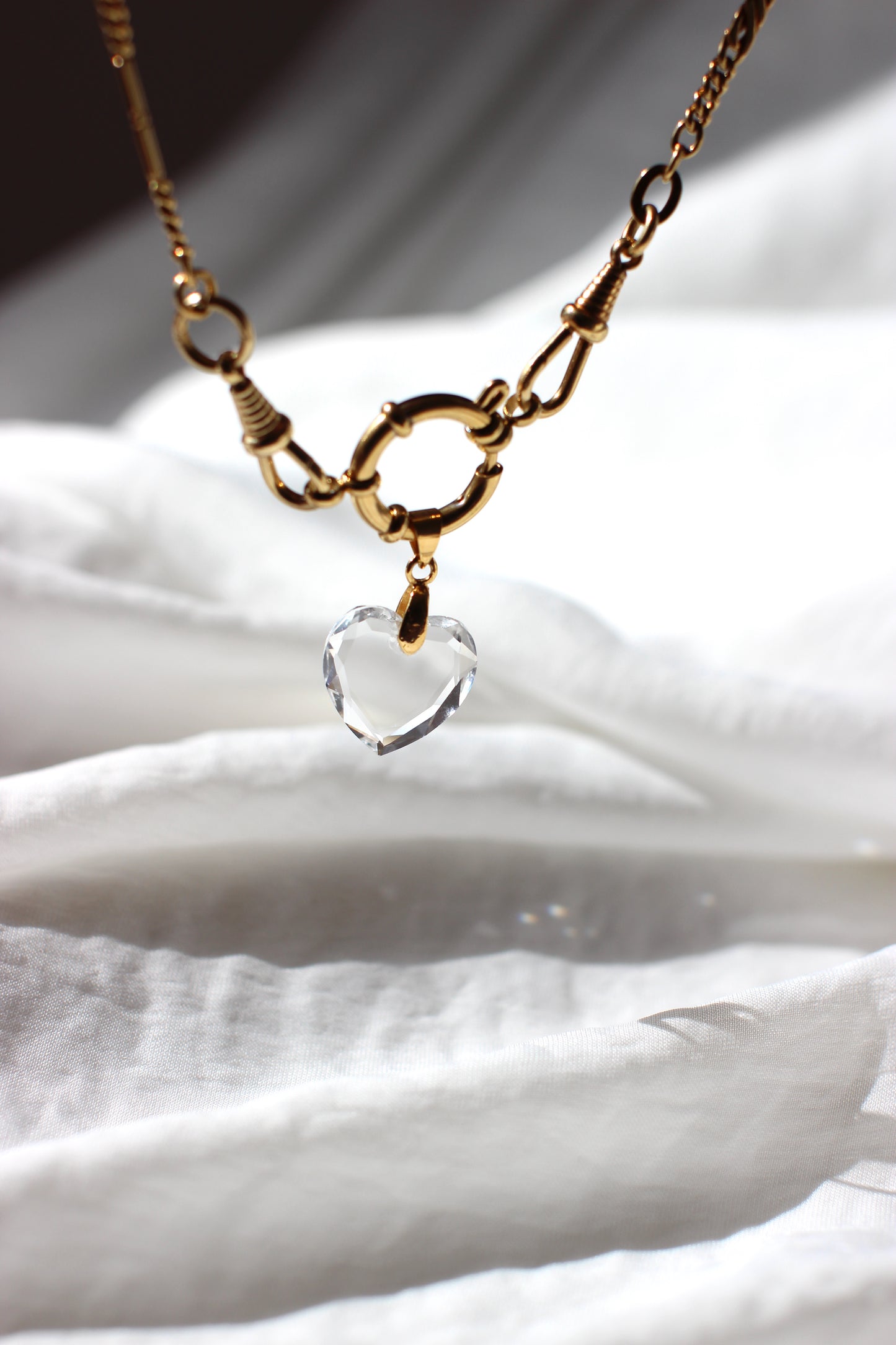 Creation #002 Vintage Gold Plated Pocket Watch Chain with Limpid Crystal Heart Pendant