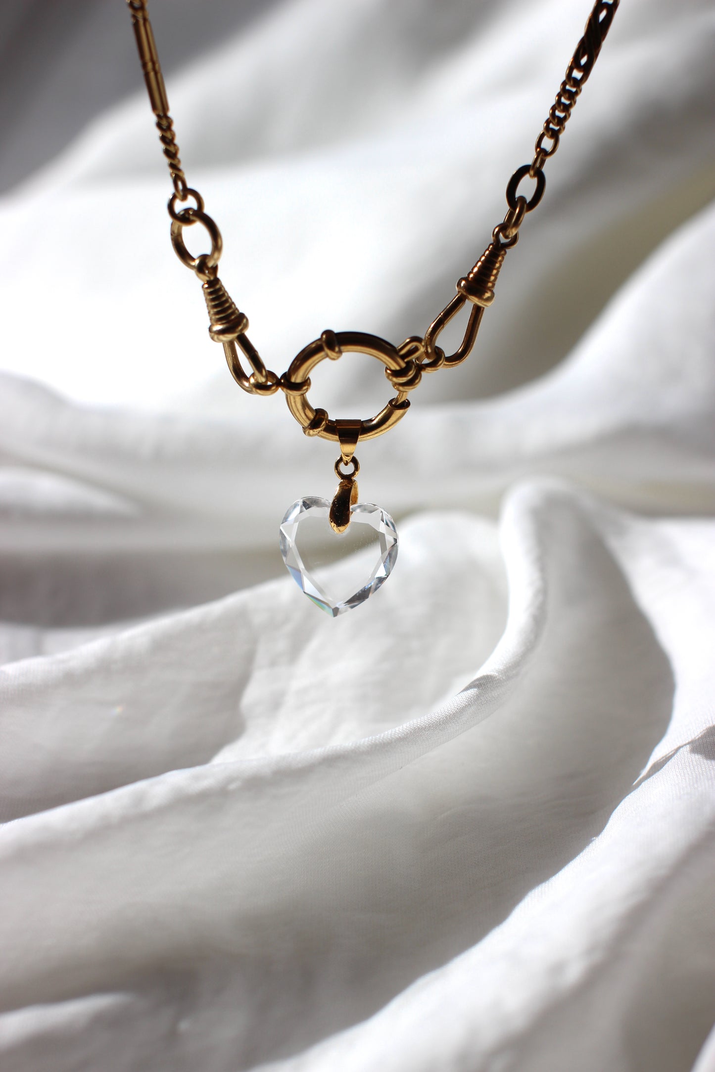 Creation #002 Vintage Gold Plated Pocket Watch Chain with Limpid Crystal Heart Pendant