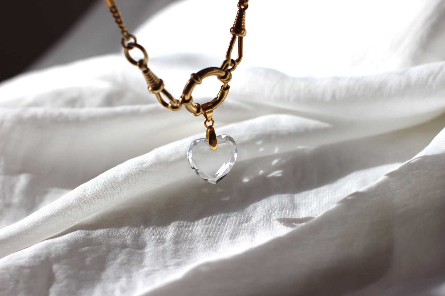 Creation #002 Vintage Gold Plated Pocket Watch Chain with Limpid Crystal Heart Pendant