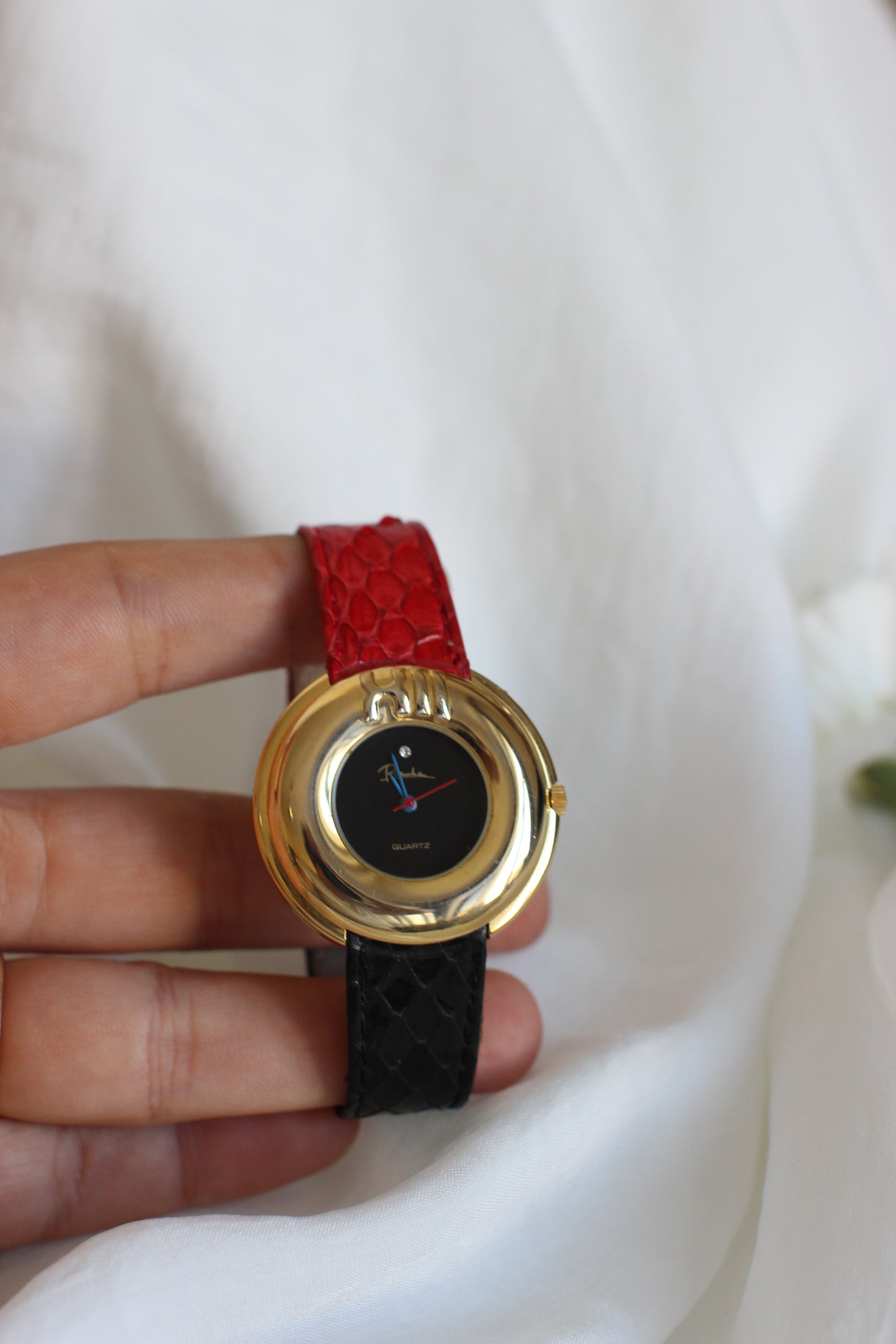 Vintage 1980s Piranha Watch with Two-Tone Python-Effect Leather Strap