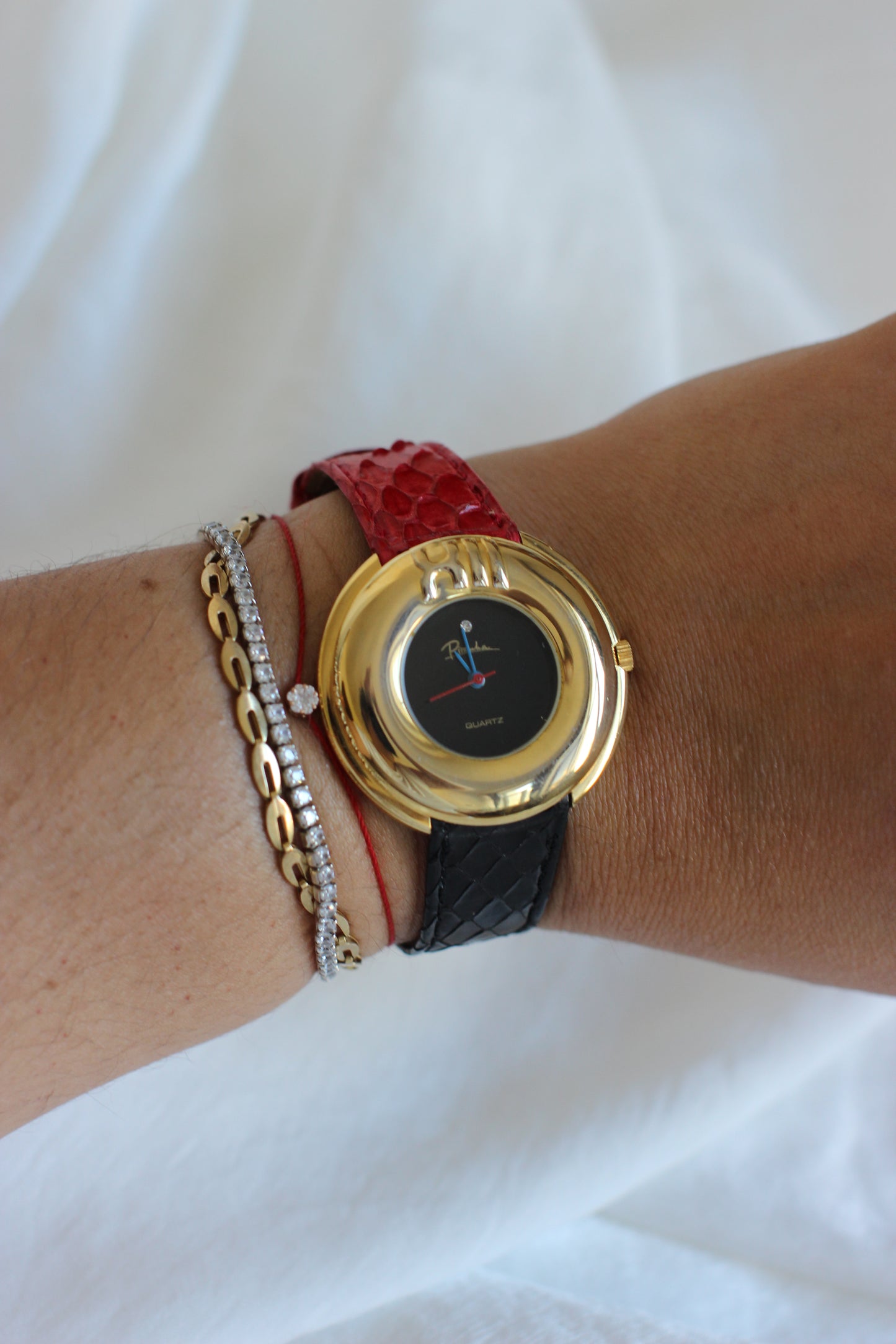 Vintage 1980s Piranha Watch with Two-Tone Python-Effect Leather Strap