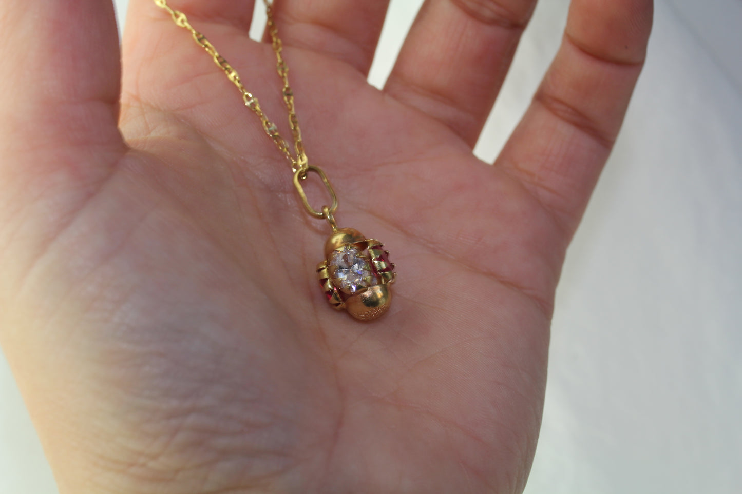 Vintage Rare 1960s 18k Gold Pendant with White and Raspberry Red Zircons