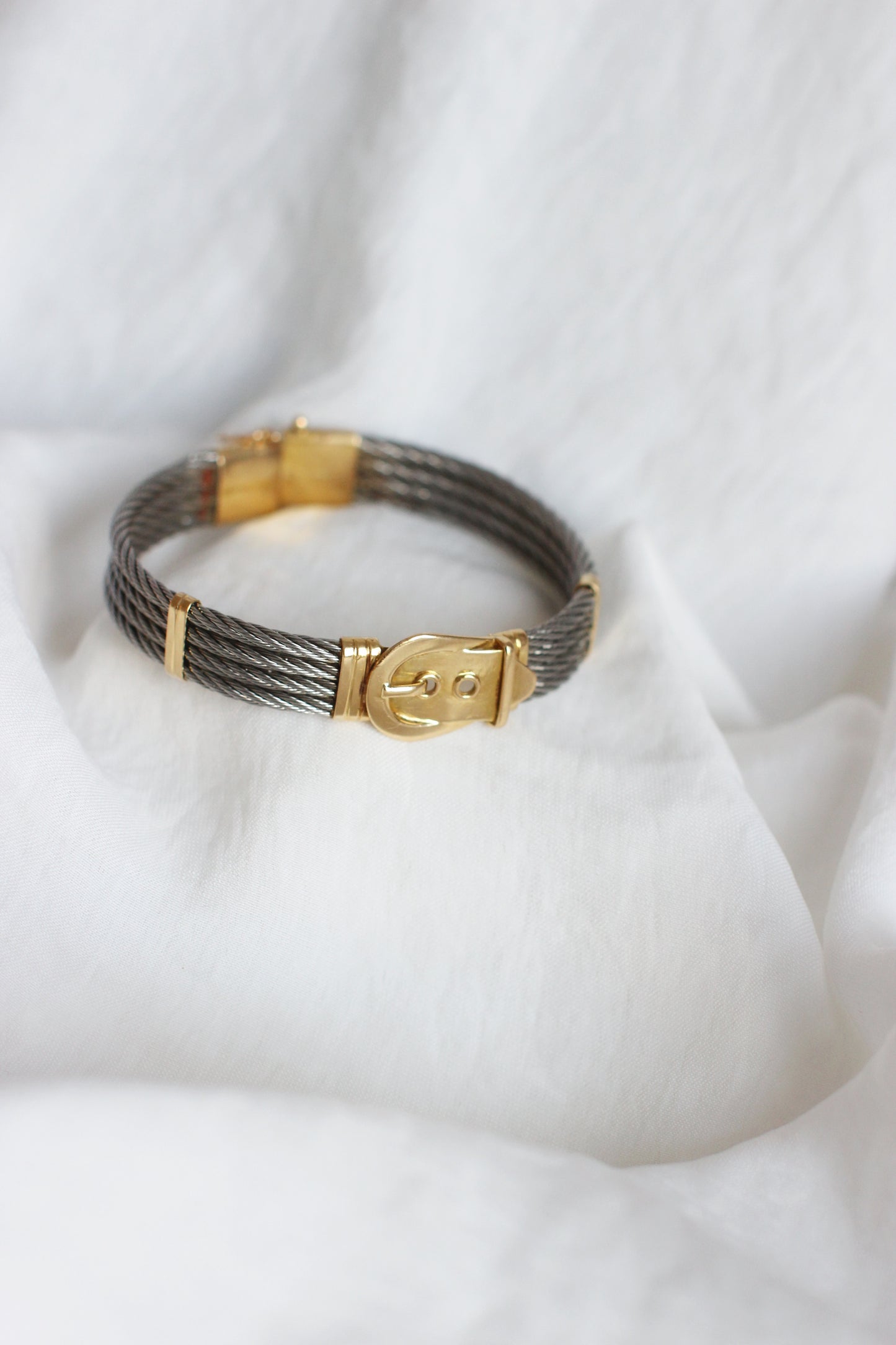 1980's Vintage Massive 18k Gold & Breaded Steel "Belt" Bangle Bracelet