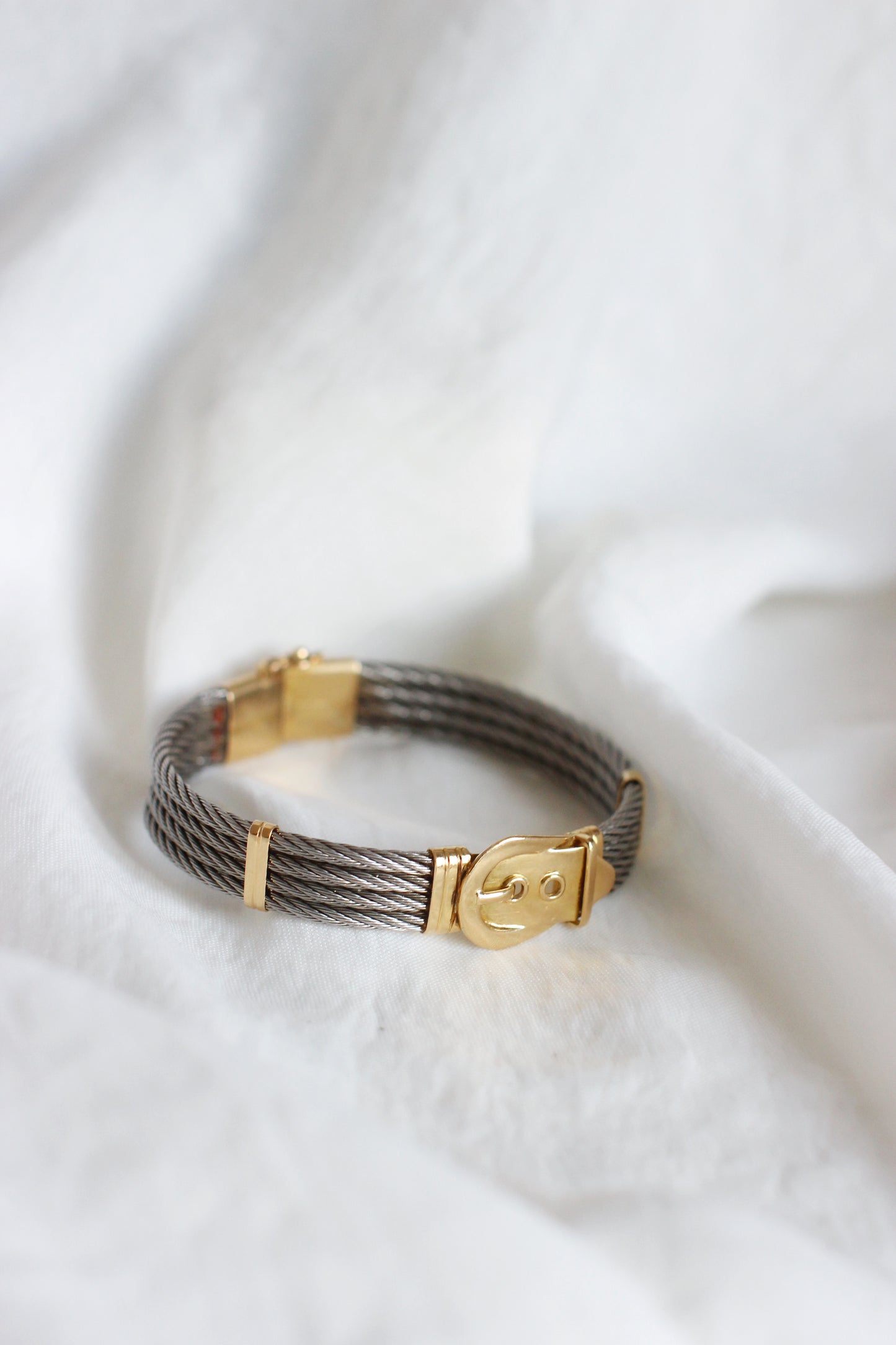 1980's Vintage Massive 18k Gold & Breaded Steel "Belt" Bangle Bracelet