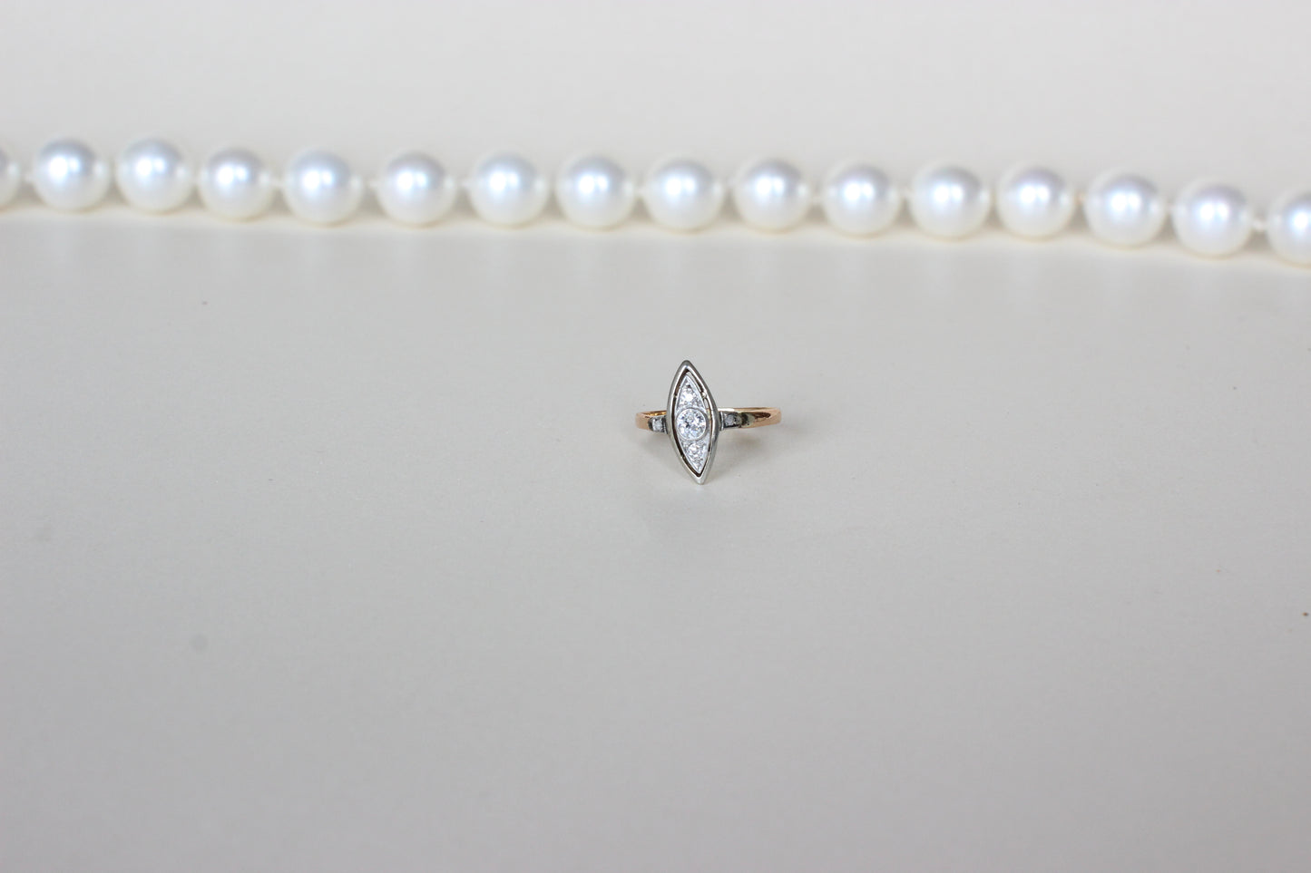 1920s "Eye" or Marquise-Shaped Ring – Rose, Yellow & White 18k Gold – Old Cut Diamond Center (approx. 0.25ct)