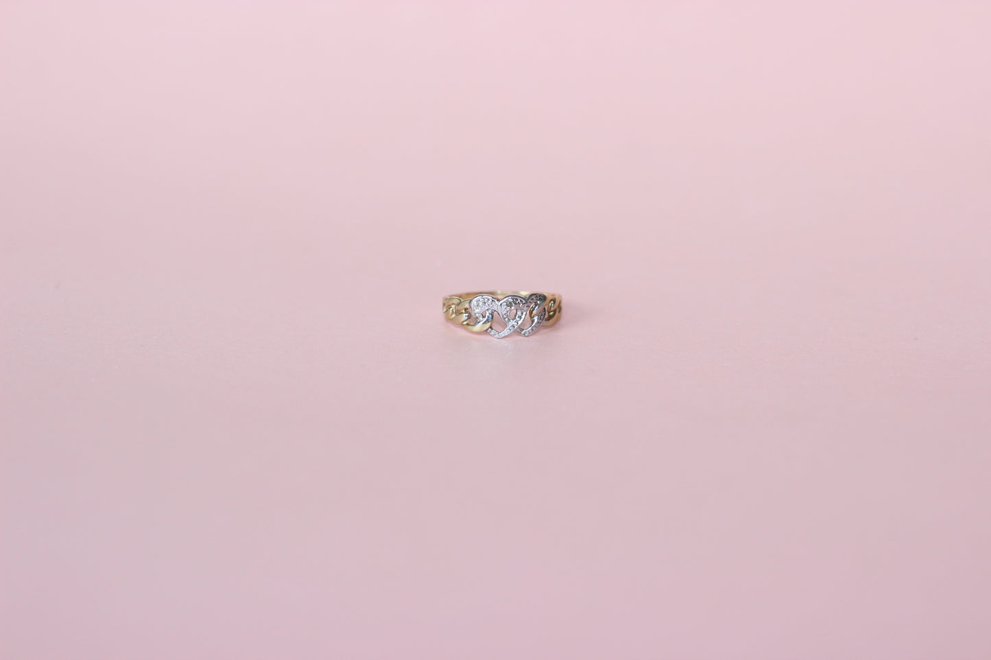 Vintage Intertwined Double Heart Chain-Link Ring in 9K Two-Tone Gold with Diamond