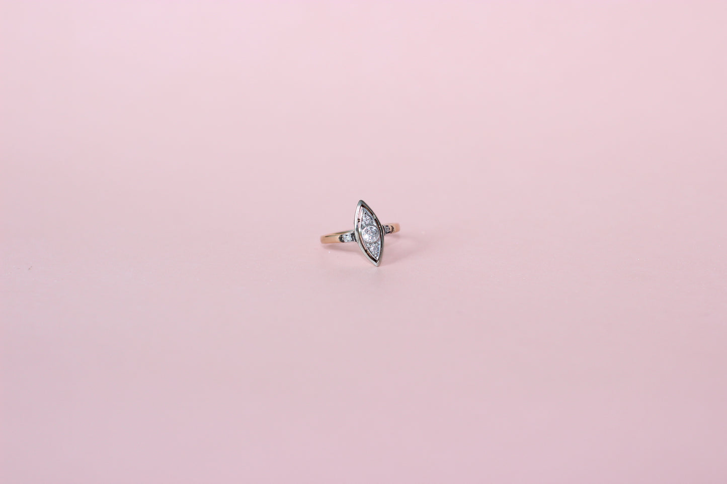 1920s "Eye" or Marquise-Shaped Ring – Rose, Yellow & White 18k Gold – Old Cut Diamond Center (approx. 0.25ct)