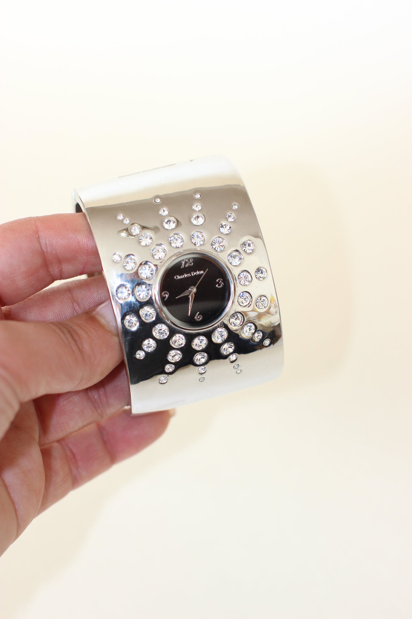 Charles Delon Vintage Statement Bangle Watch – 1990s, Black Dial, Star with Rhinestones,