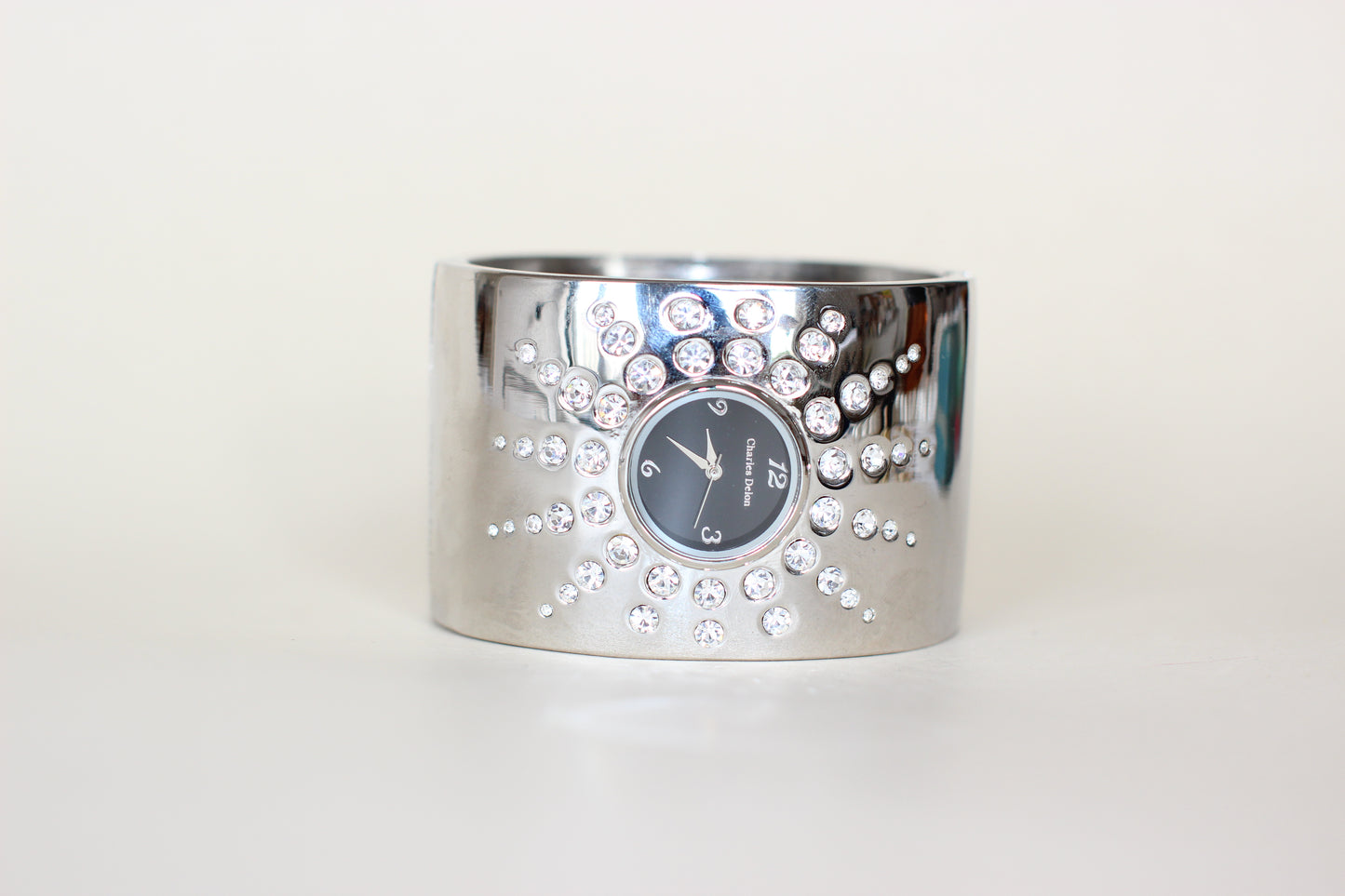 Charles Delon Vintage Statement Bangle Watch – 1990s, Black Dial, Star with Rhinestones,