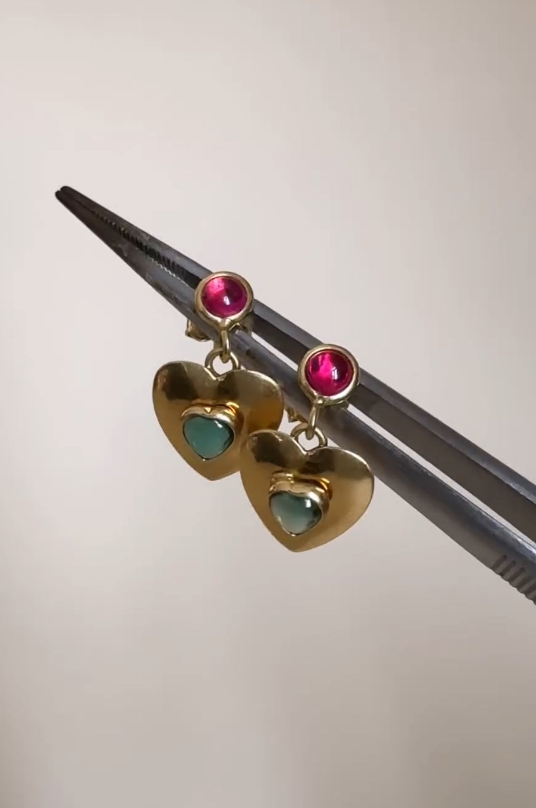 Custom 18k Gold Earrings with Heart-Shaped Cabochons